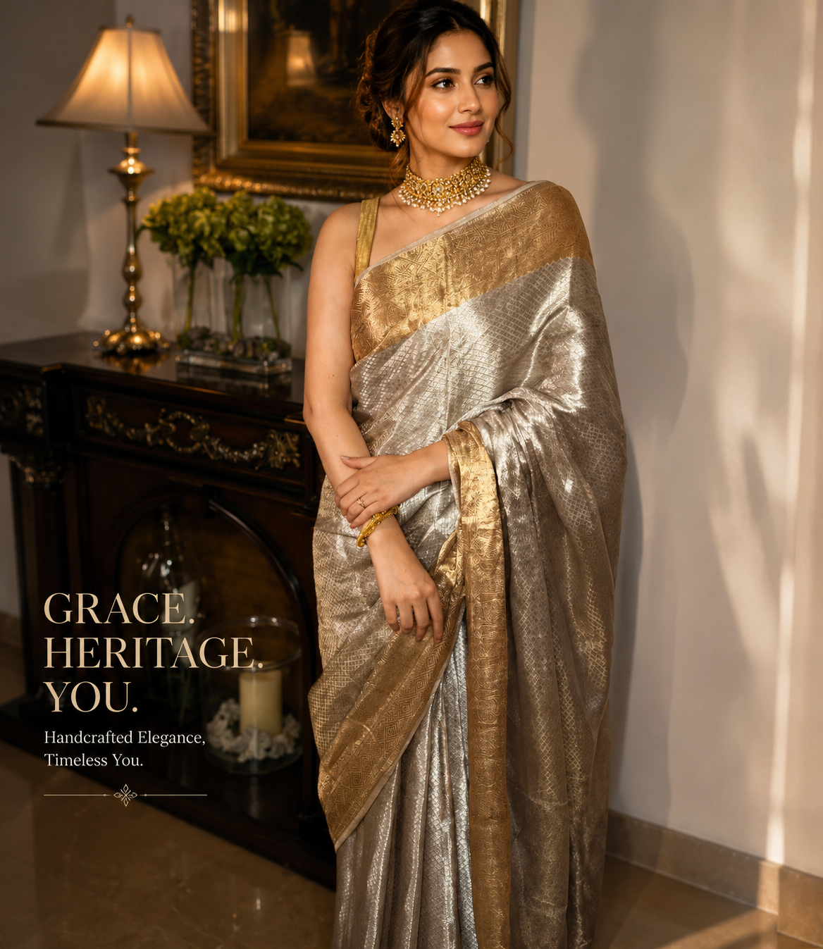 Atva - Regal Silver-Gold Pure Tissue Brocade saree