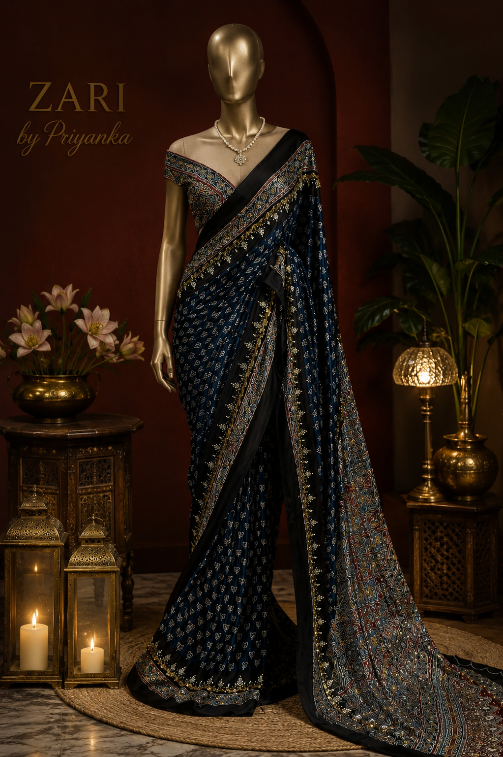 Rusha | Handcrafted Ajrakh Couture Saree [Ready to Dispatch]