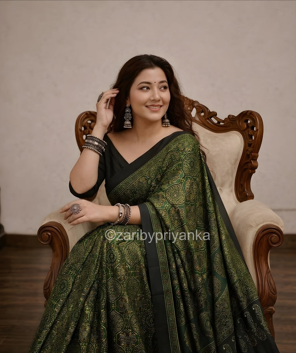 Kinara  - Designer Pure Modal Ajrakh Mirror saree