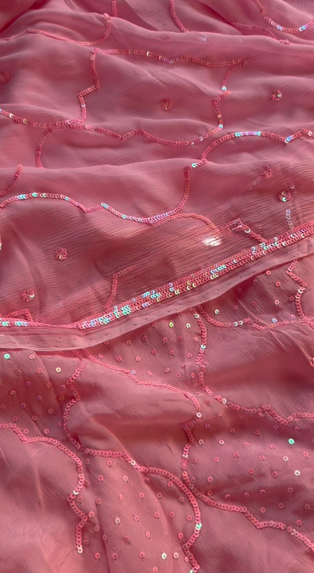 Peach - Monotone Sequin Handwork Pure Chiffon Saree