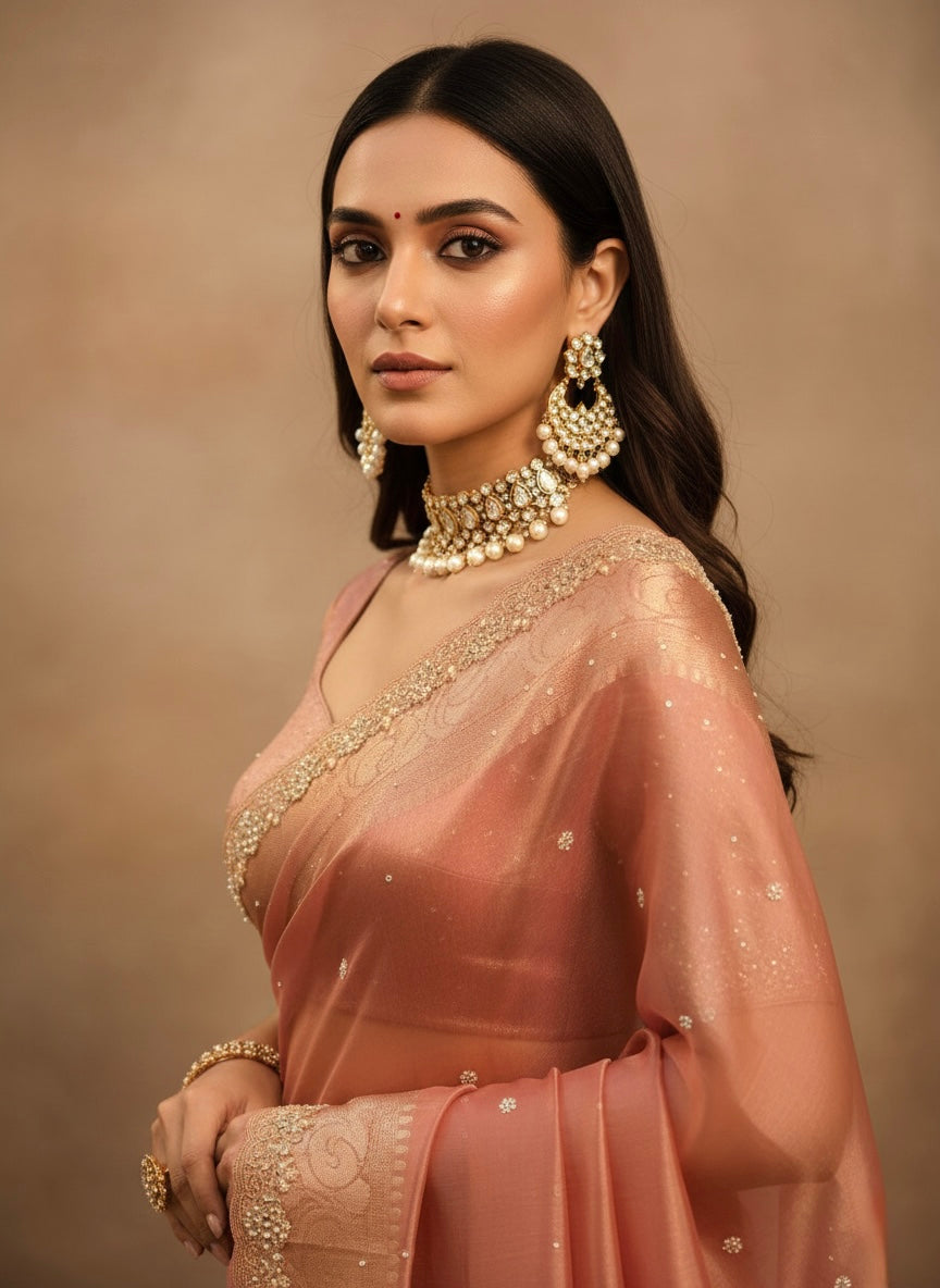 Shehnaz - Maharani Glass Tissue Silk Saree with Handwork