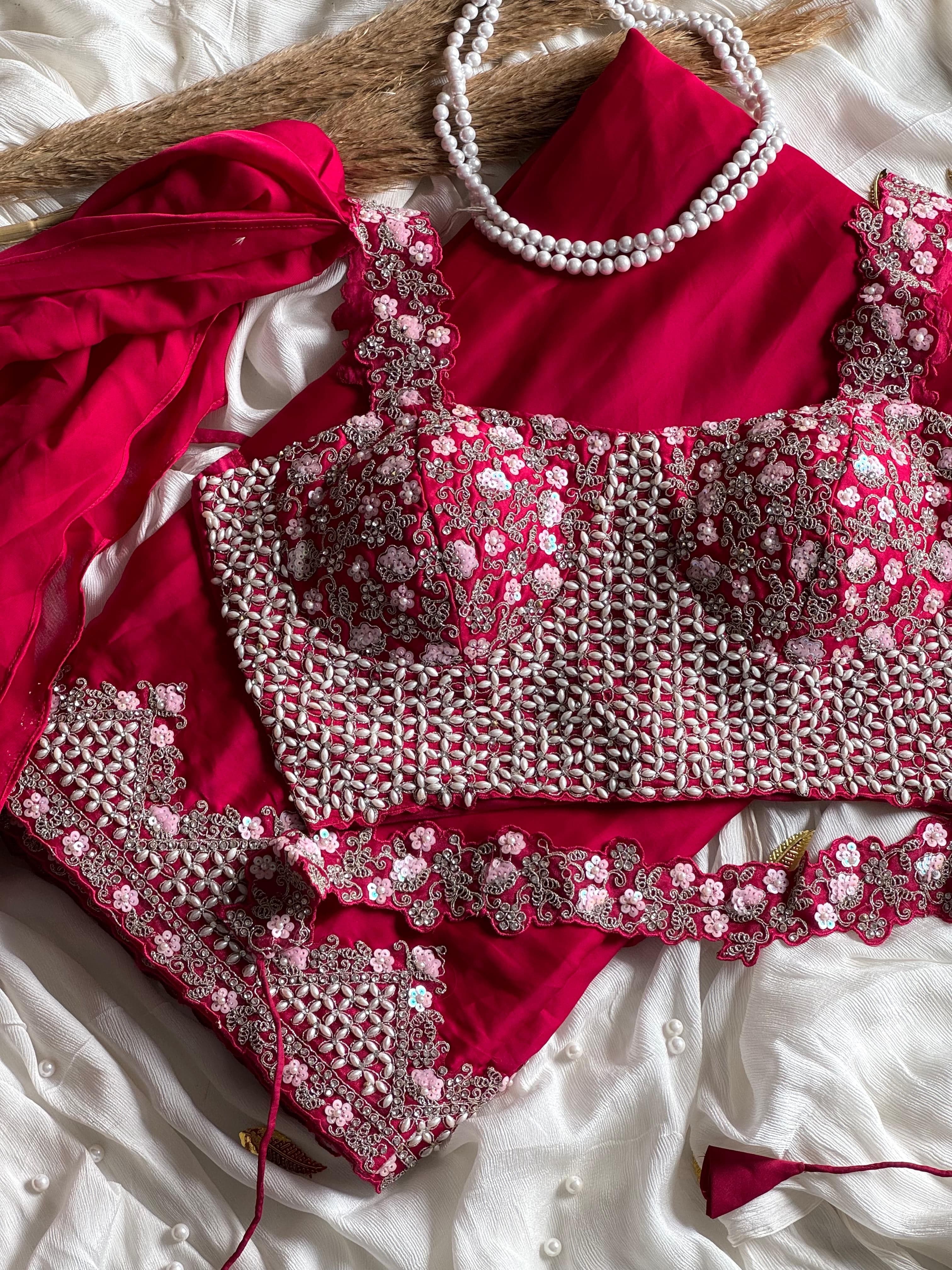 Avantika - Ready-to-Wear Crepe Saree with Adorned Pearl Embellishment