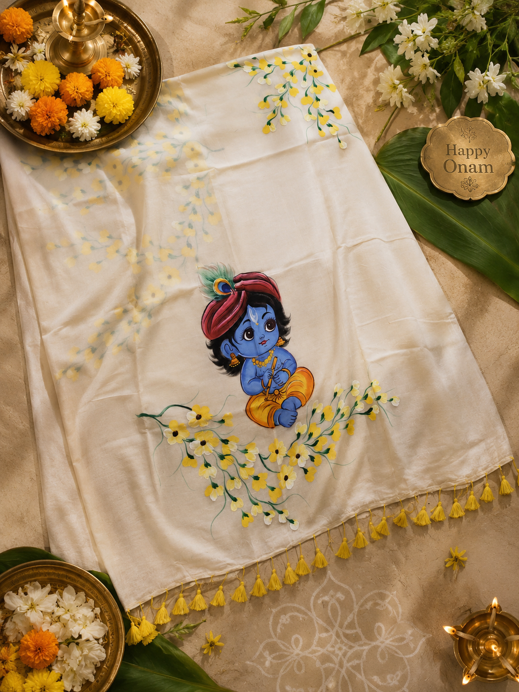 Krishna - Mul Mul Cotton Saree with hand painted Krishnan