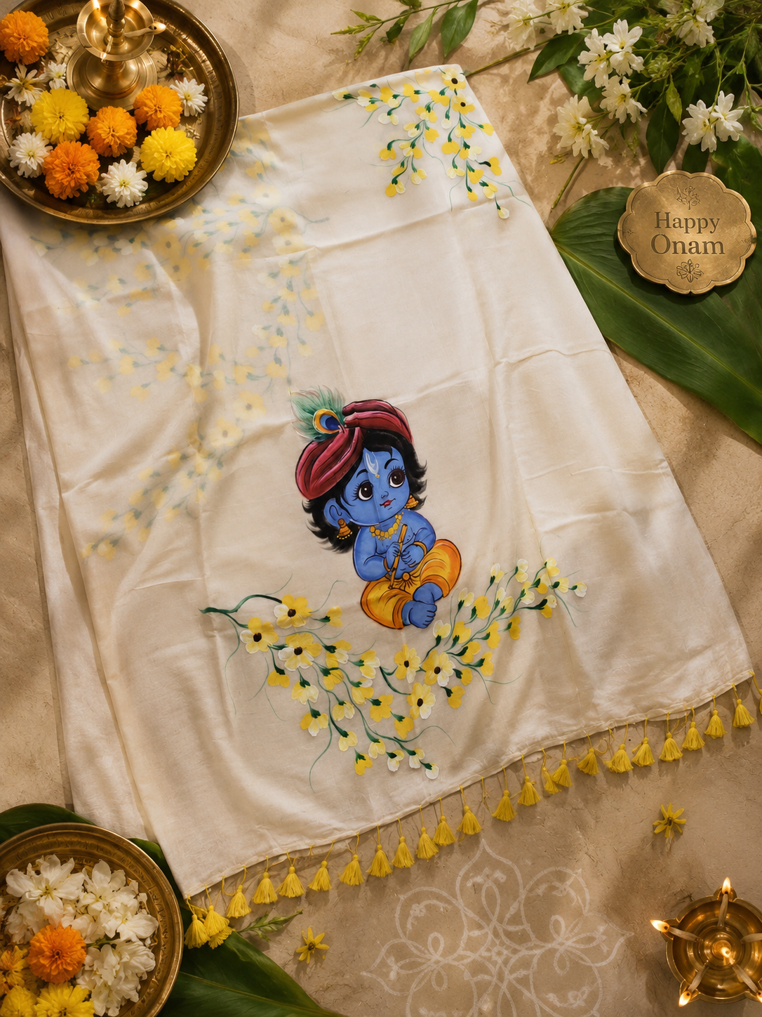Krishna - Mul Mul Cotton Saree with hand painted Krishnan