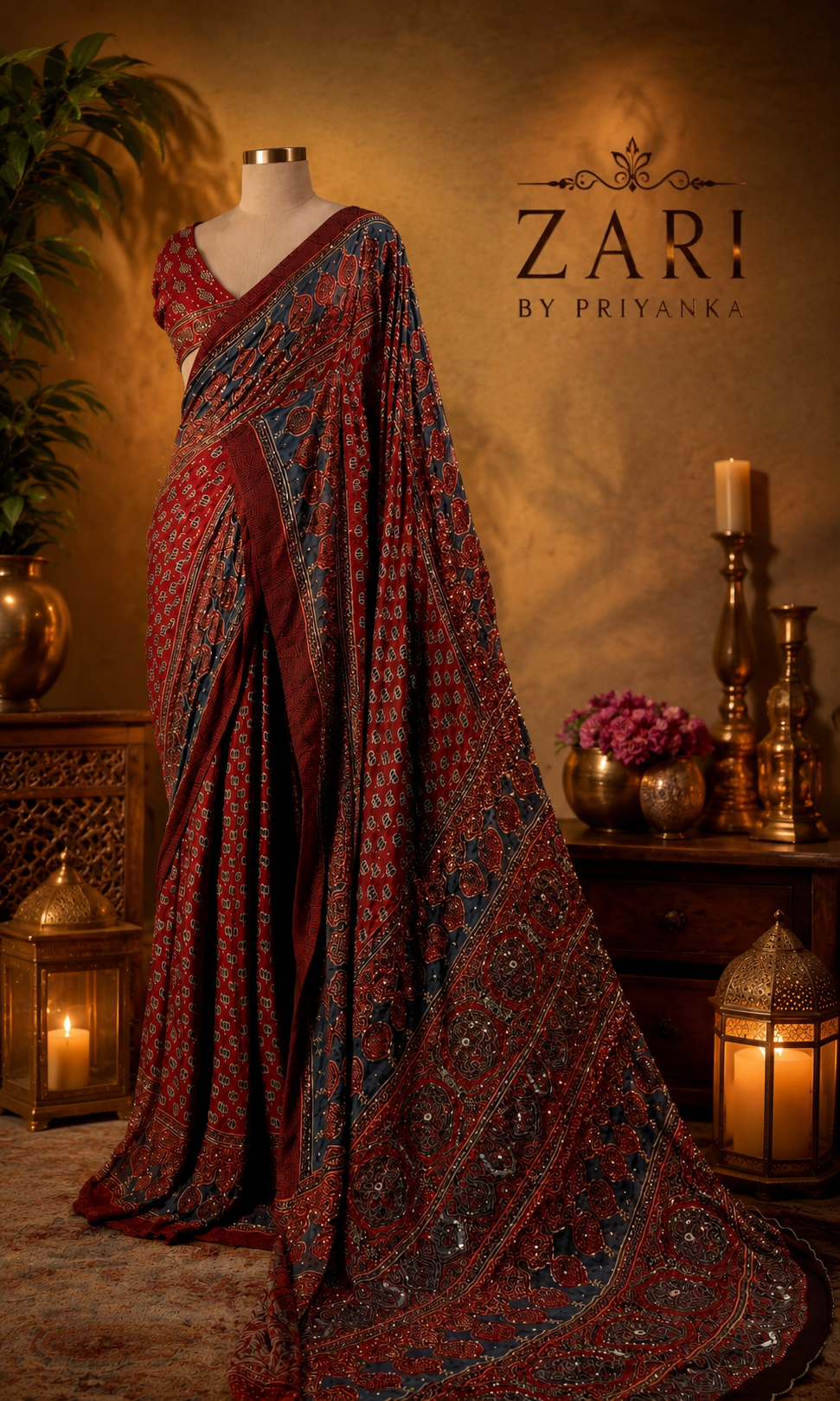 Zora | Handcrafted Ajrakh Couture Saree