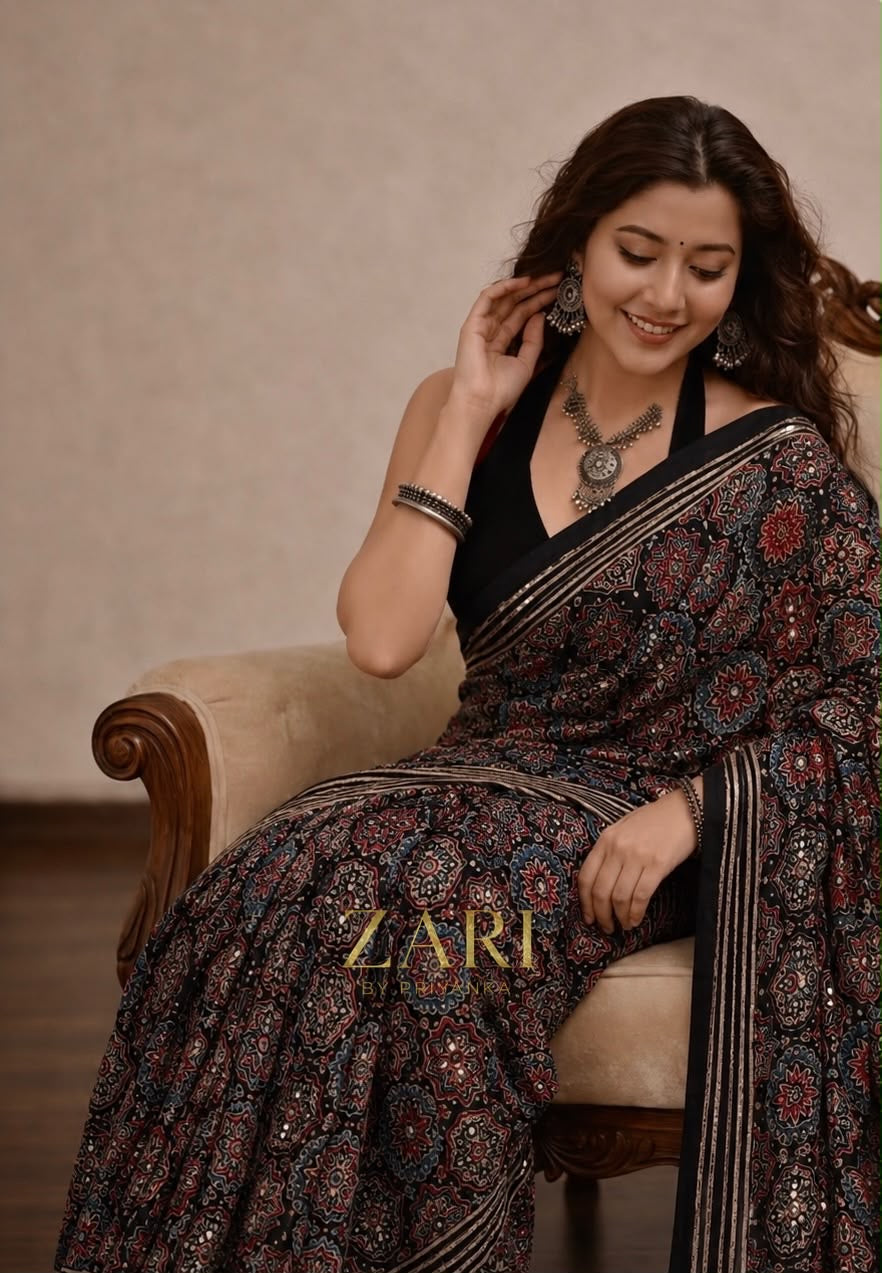 Zeba | Handcrafted Ajrakh Couture Saree