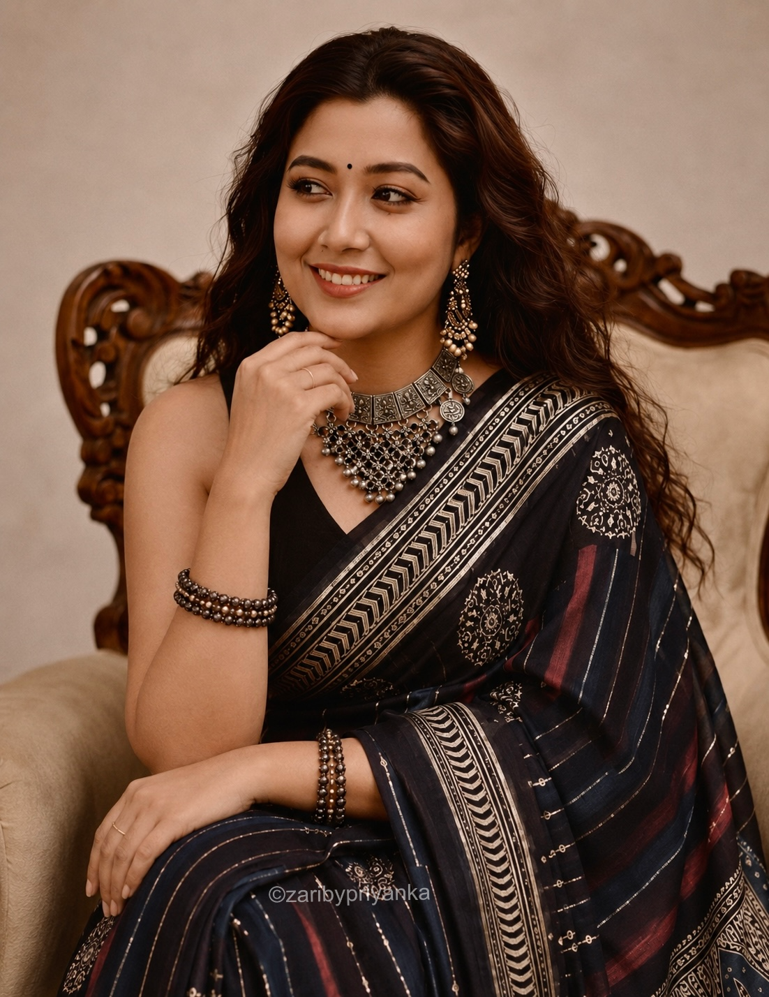 Mirra - Designer Ajrakh Handworked Saree