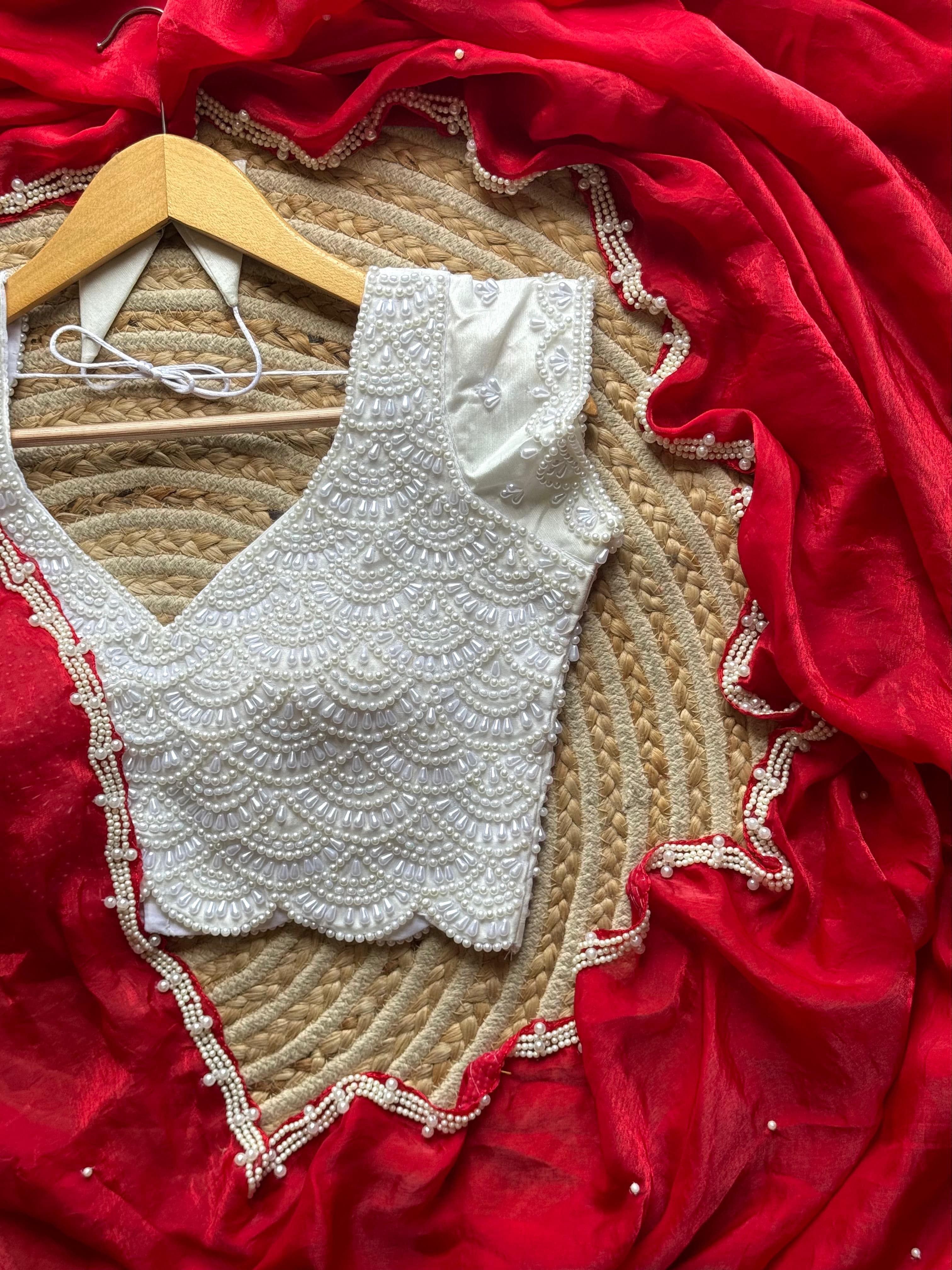 Laal - Space Silk Saree with Pearl embellished Blouse