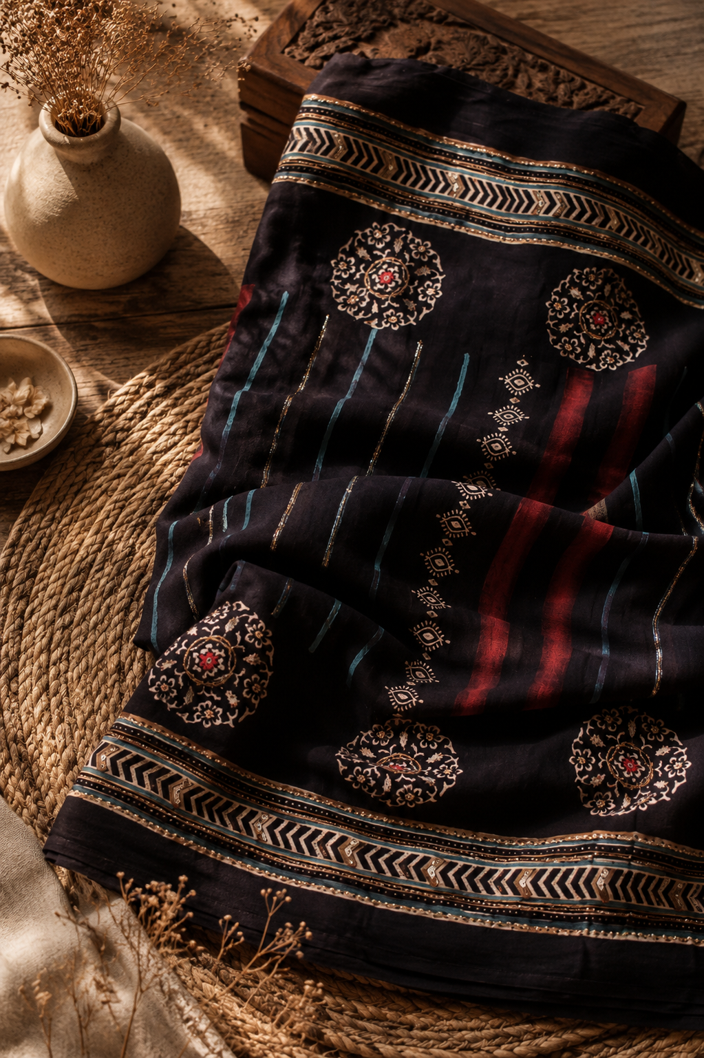 Mirra - Designer Ajrakh Handworked Saree