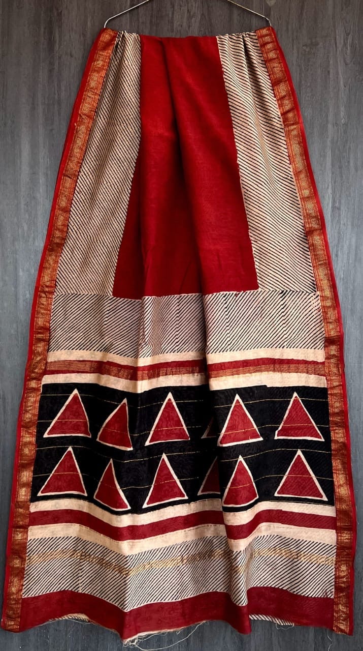 Rasha - Bagru Handblock & Ajrakh Printed Pure Maheshwari Silk Saree