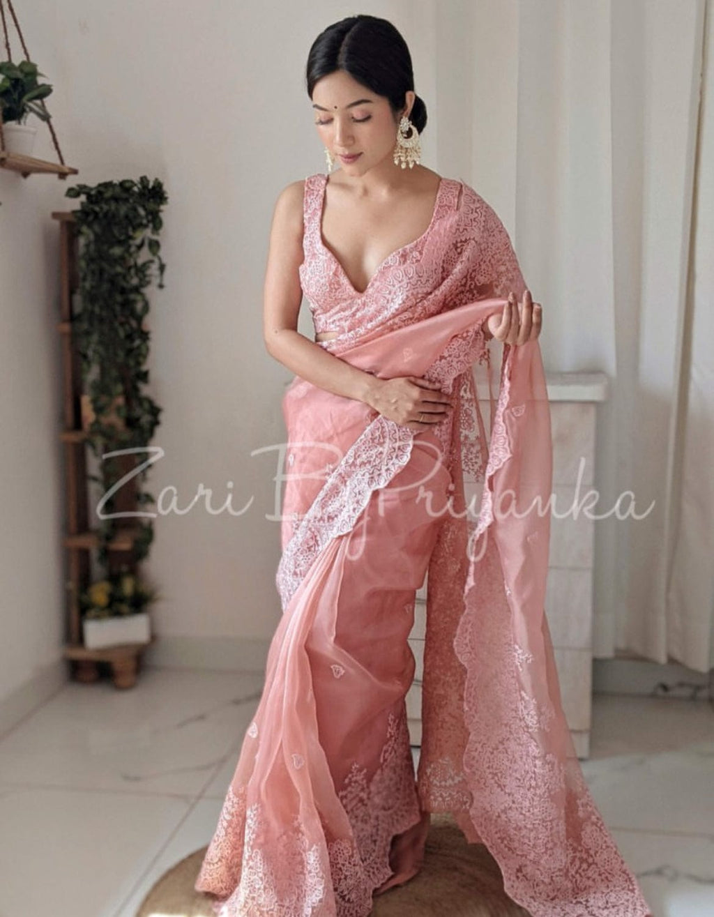 Arti - Blush Pink Embroidered Organza Saree