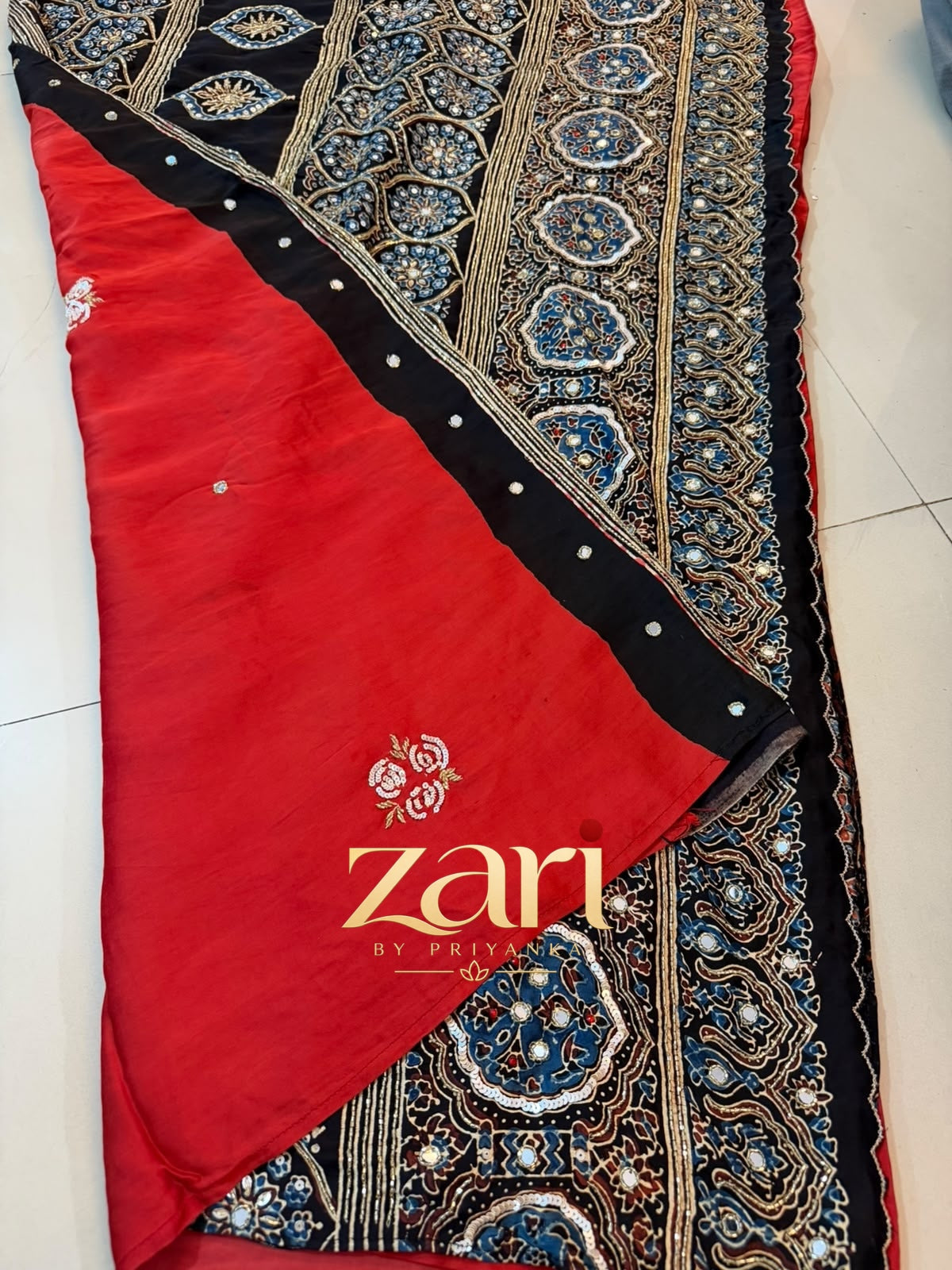 Dua | Handcrafted Ajrakh Couture Saree with heavy handwork [Ready to dispatch]