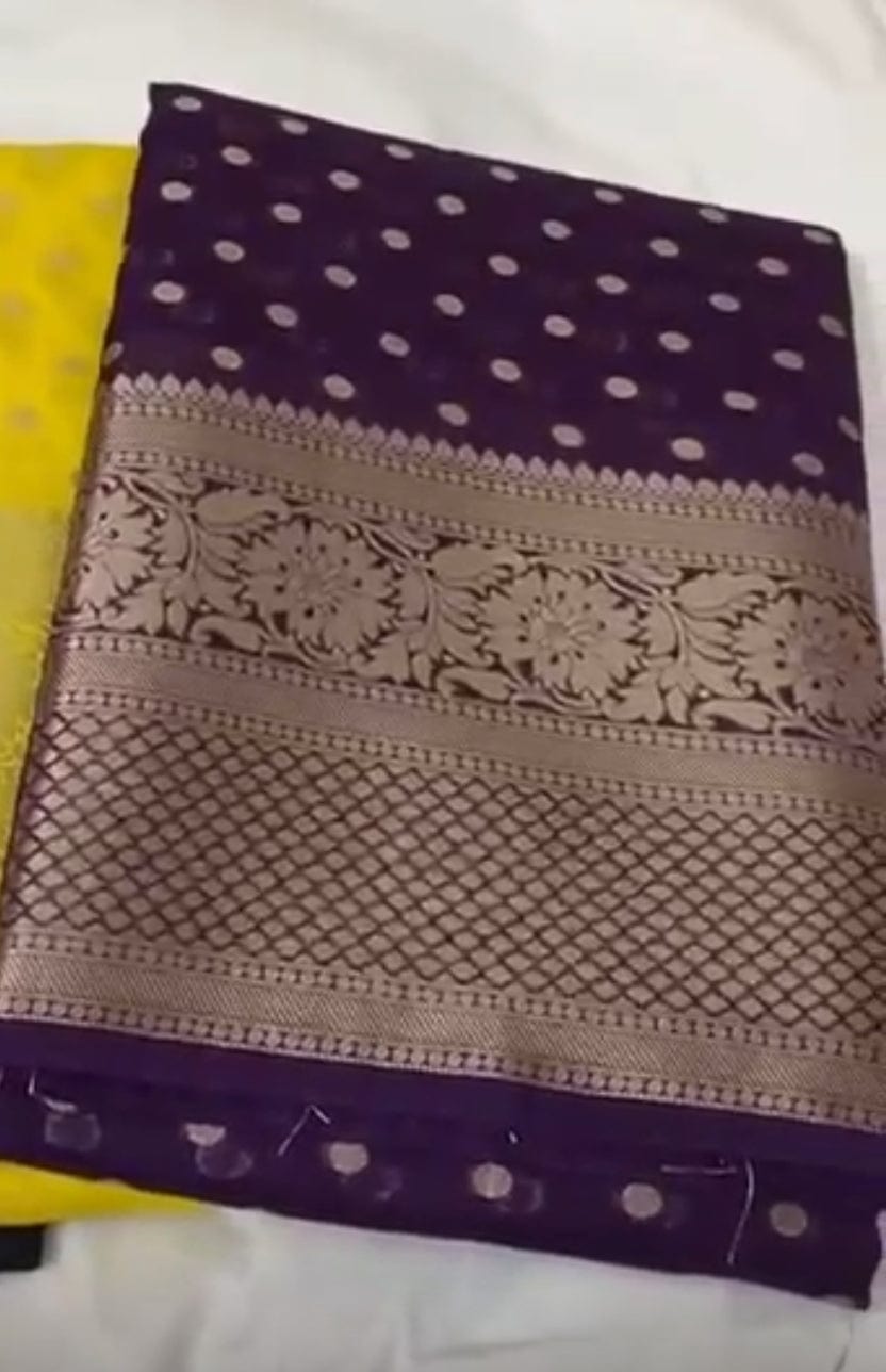 Neha Semi Banarasi Saree – Sunshine Yellow with Blouse Piece