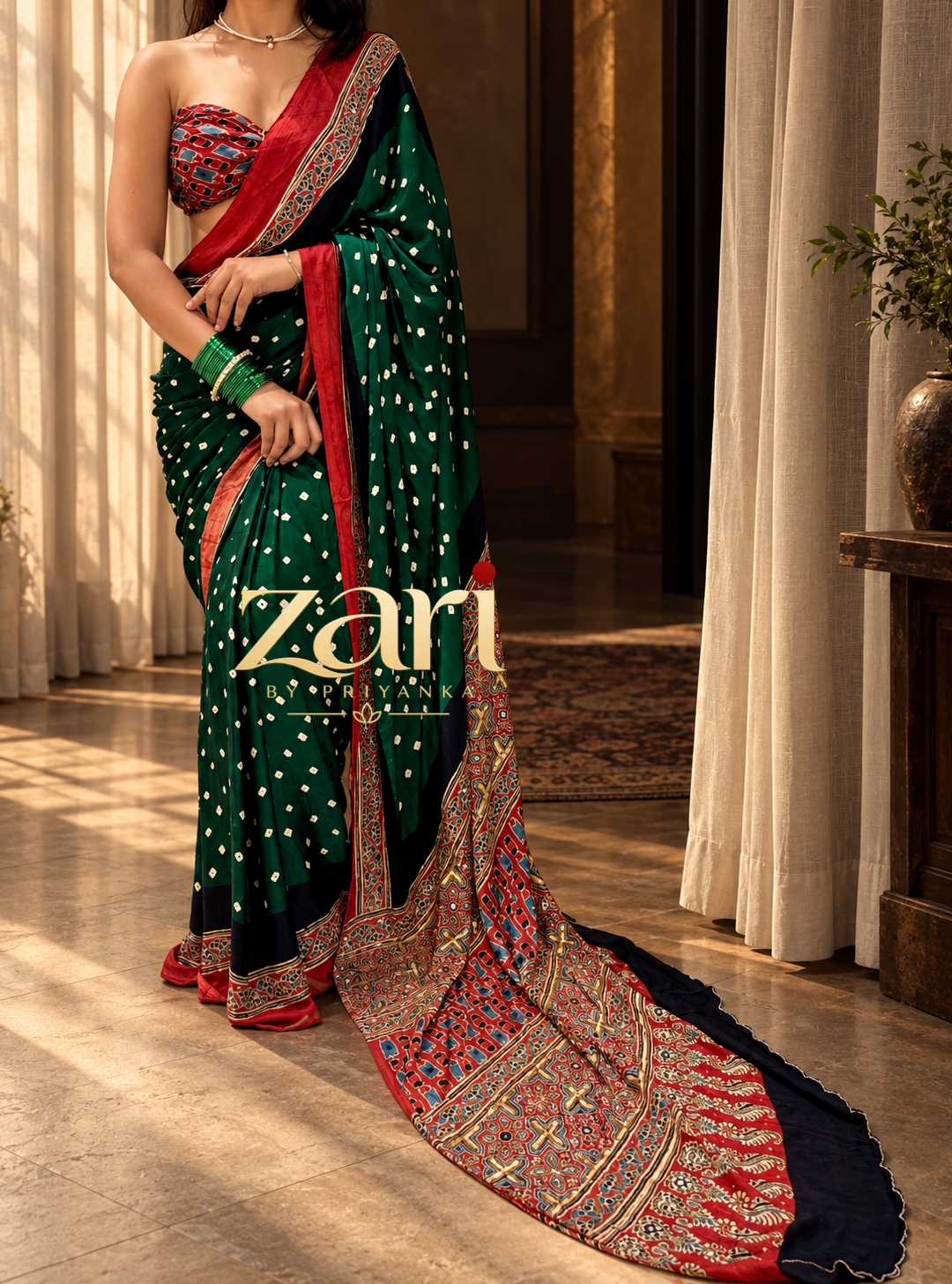 Apsara | Handcrafted Ajrakh Bandhej Couture Saree