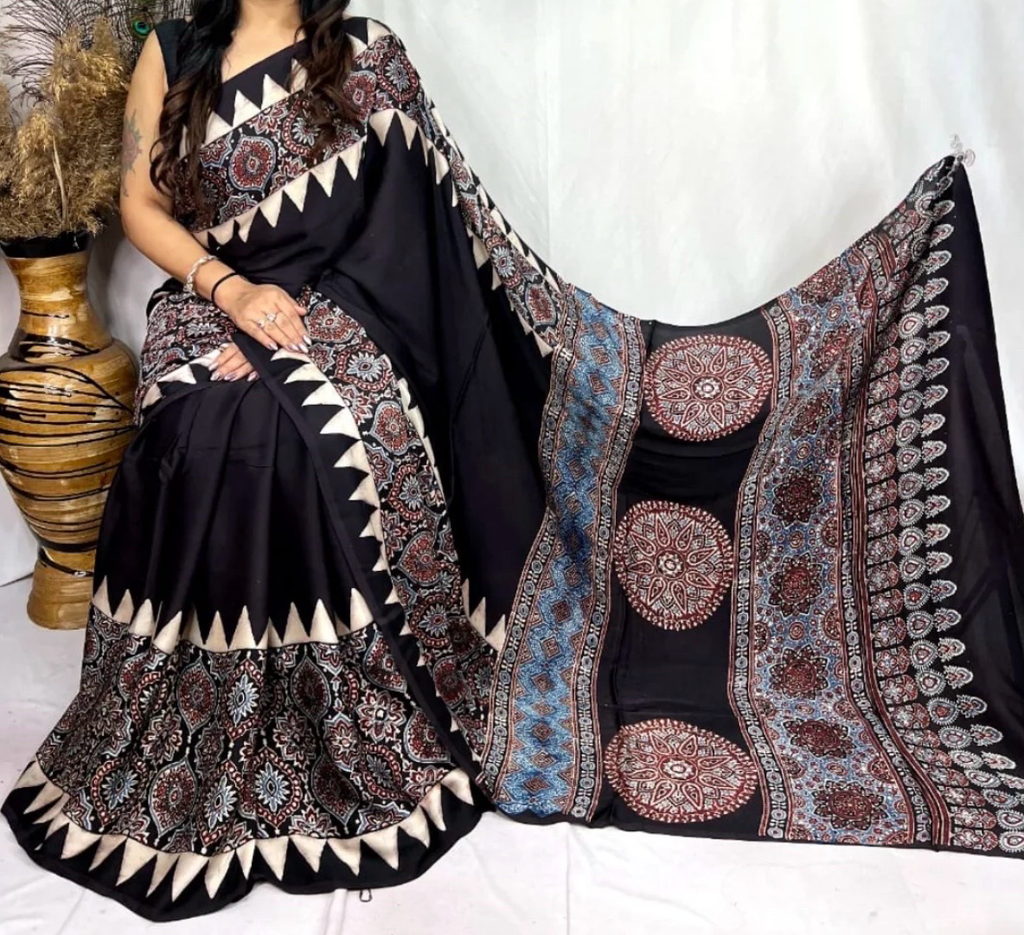 Tamri - Ajrakh Pure Modal Mirror work Saree