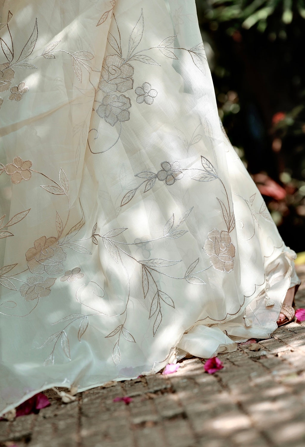 Anoosha - Organza saree with Silver floral thread embroidery