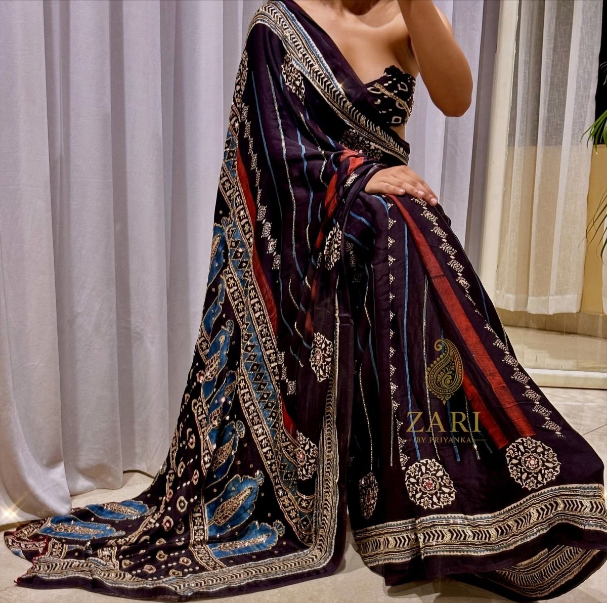 Mirra | Designer Handcrafted Ajrakh Saree - Zari by Priyanka