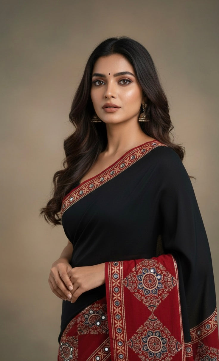 Trisha - Pure Modal Silk Ajrakh Mirror work saree