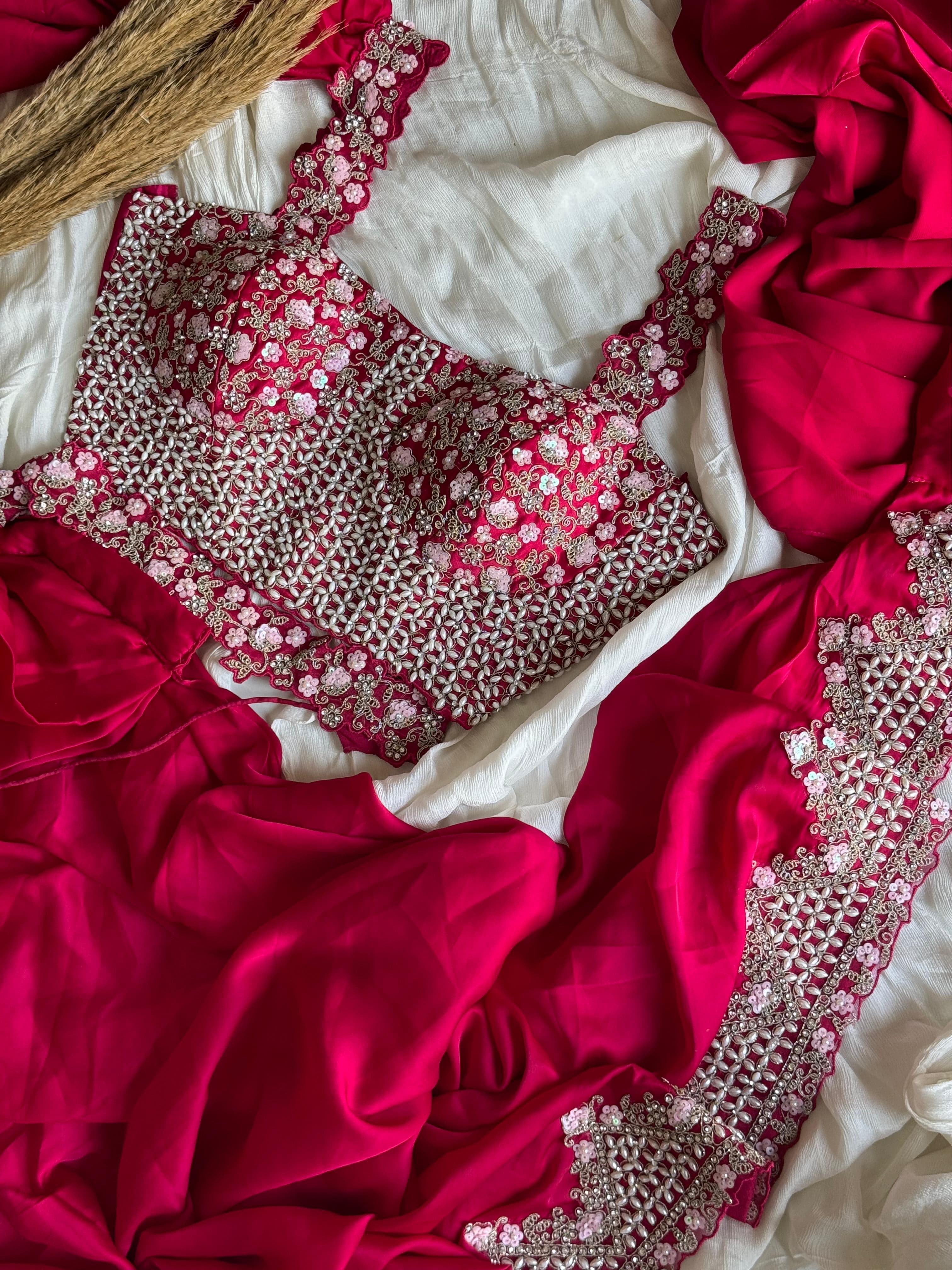 Avantika - Ready-to-Wear Crepe Saree with Adorned Pearl Embellishment