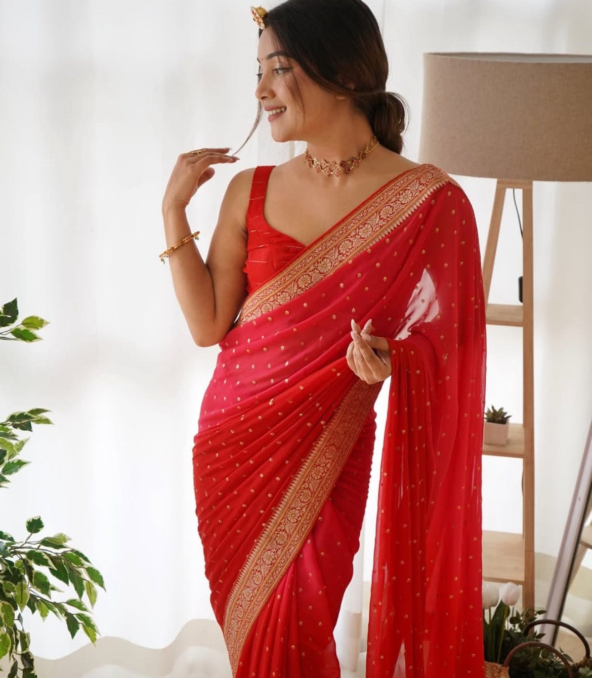 Arti - Dual Tone Georgette Saree with Golden Zari Border