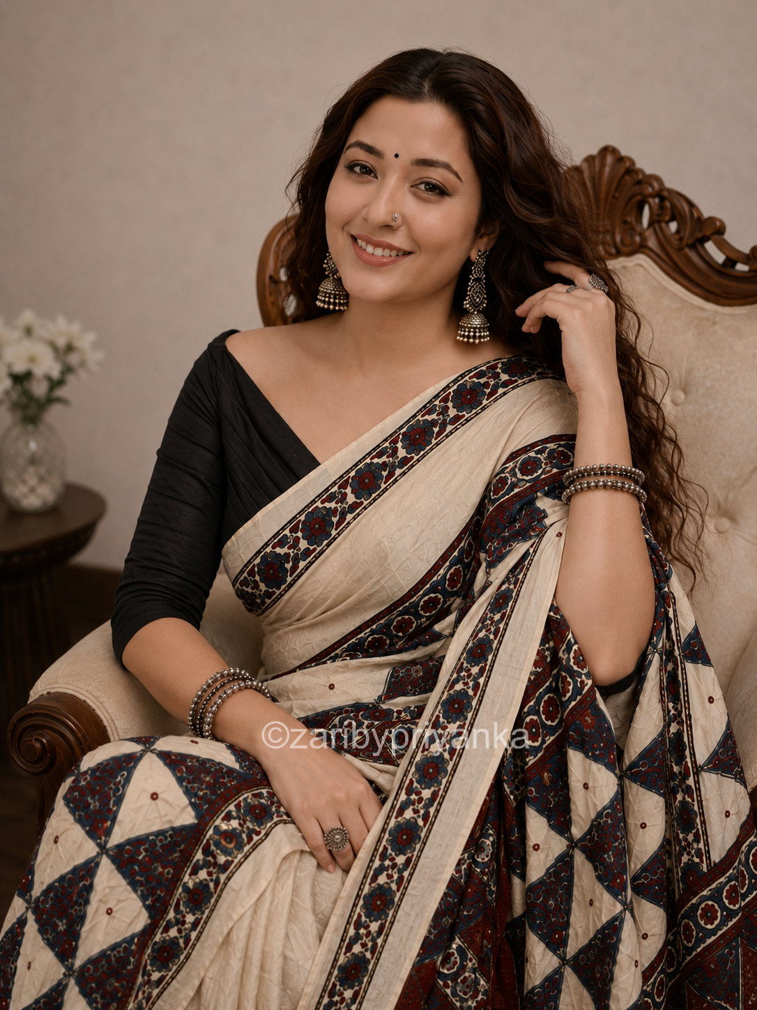 Heeriya - Designer Ajrakh Handworked Saree