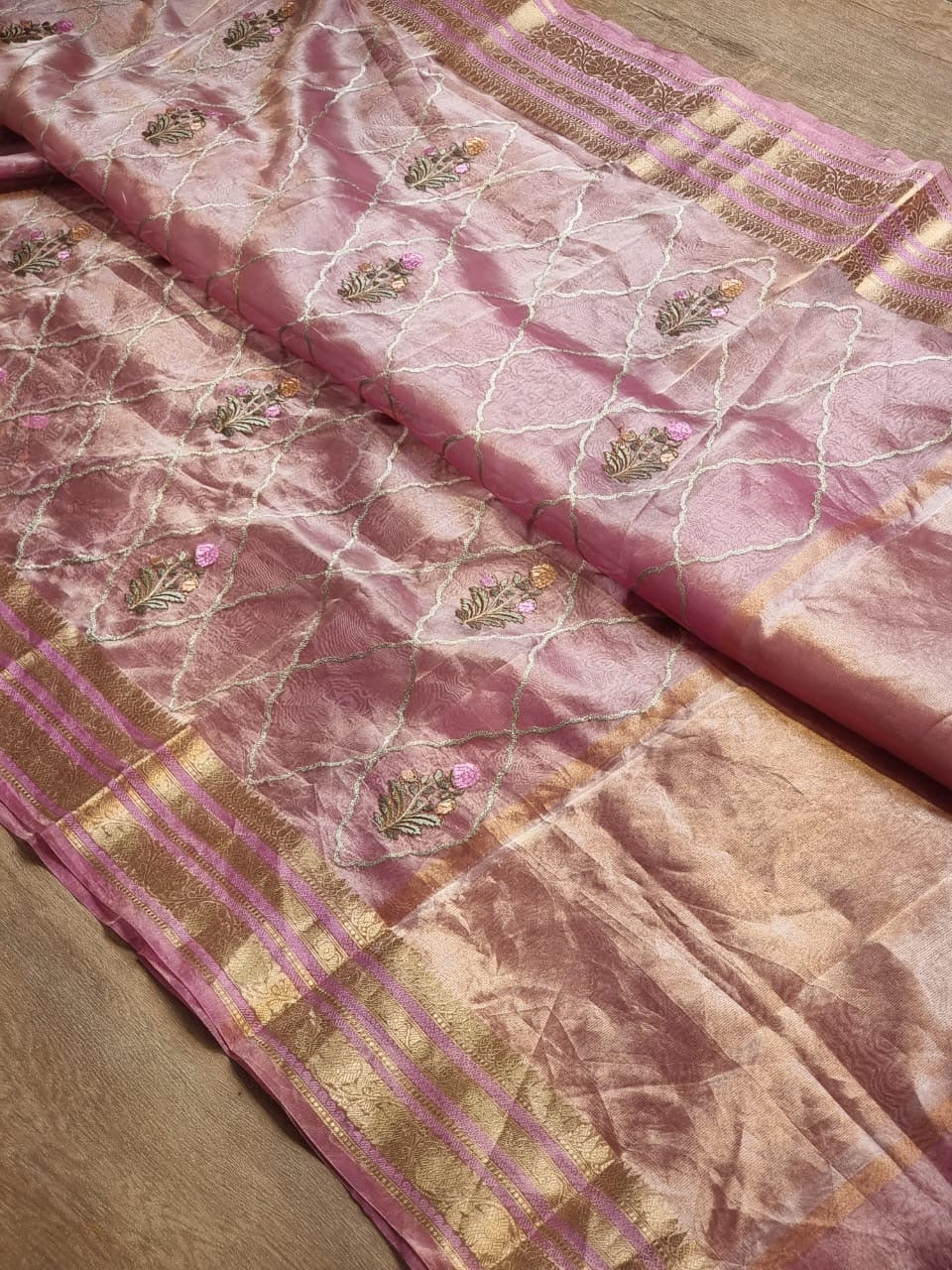 Zaara - Pure Metallic Tissue Banarasi Saree with Katan Border & Embroidery Jaal