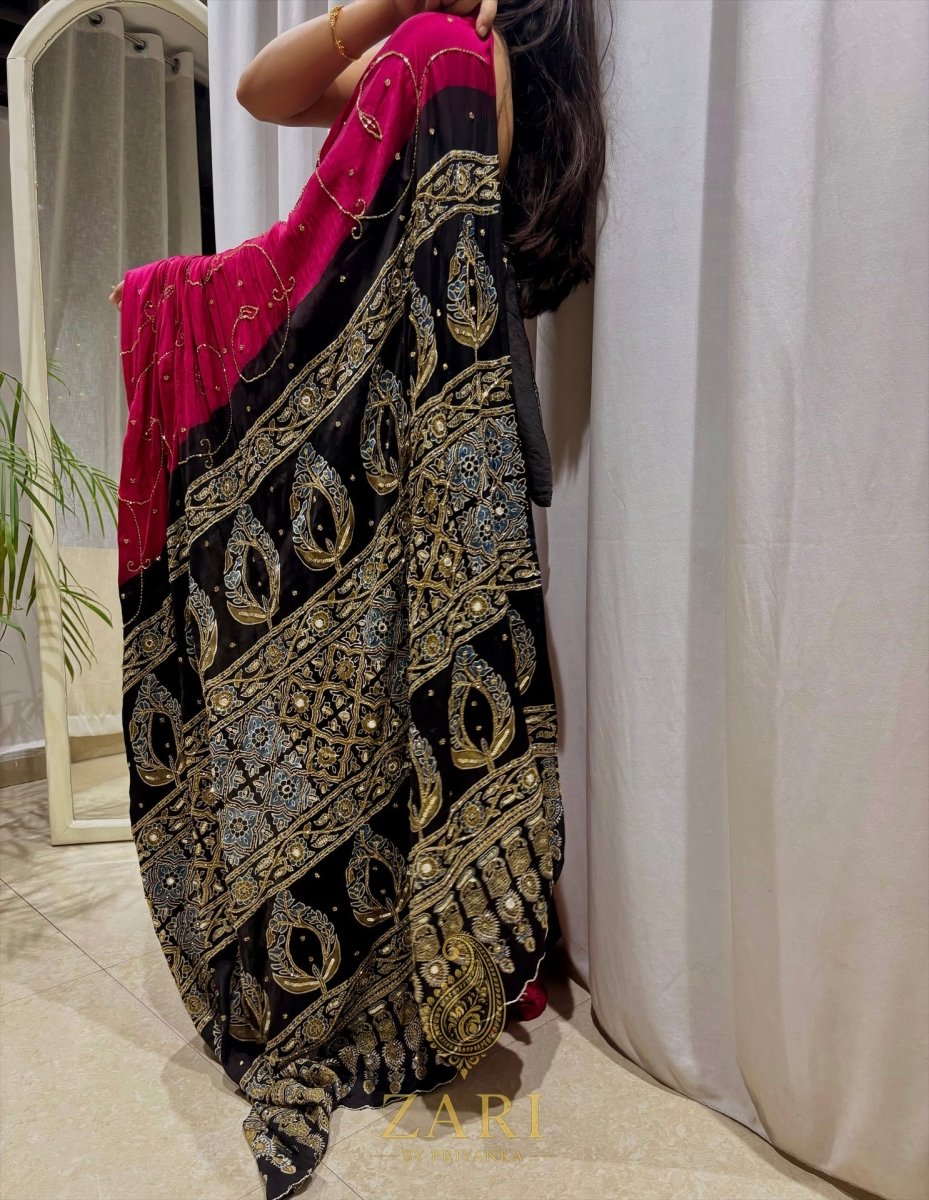 Jannat | Designer Handcrafted Ajrakh Saree - Zari by Priyanka