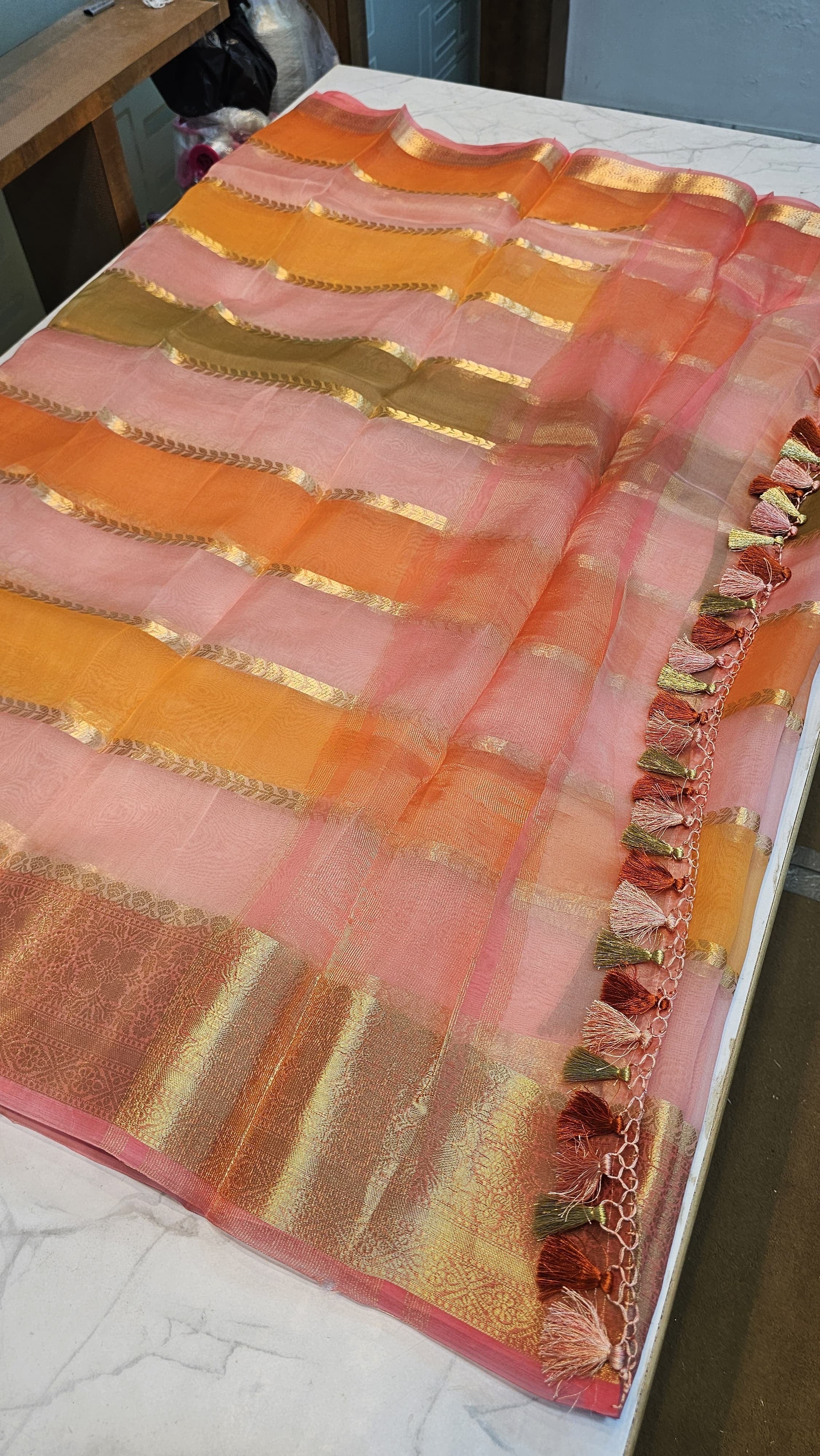 Laya -  Pure Organza Silk Stripe Rangkat Saree