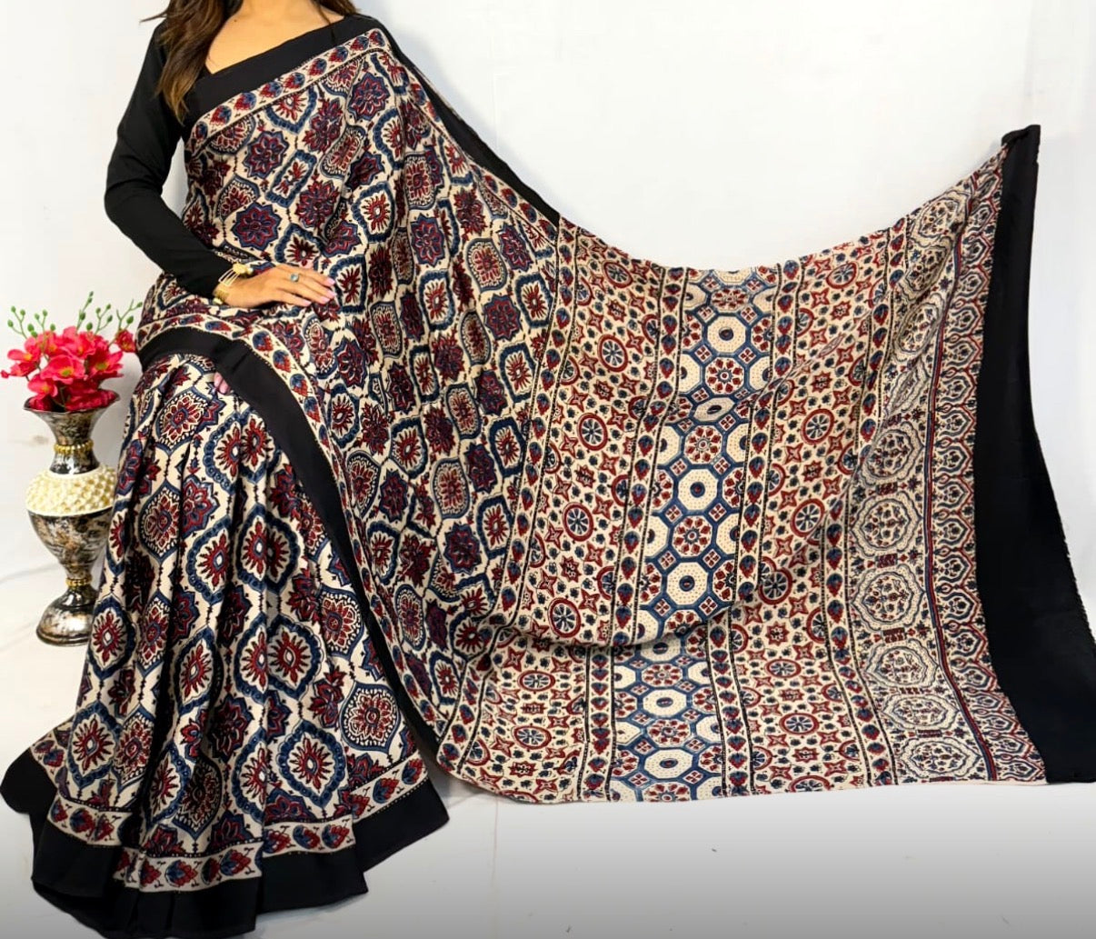 Misha - Pure Modal Ajrakh Mirror work saree