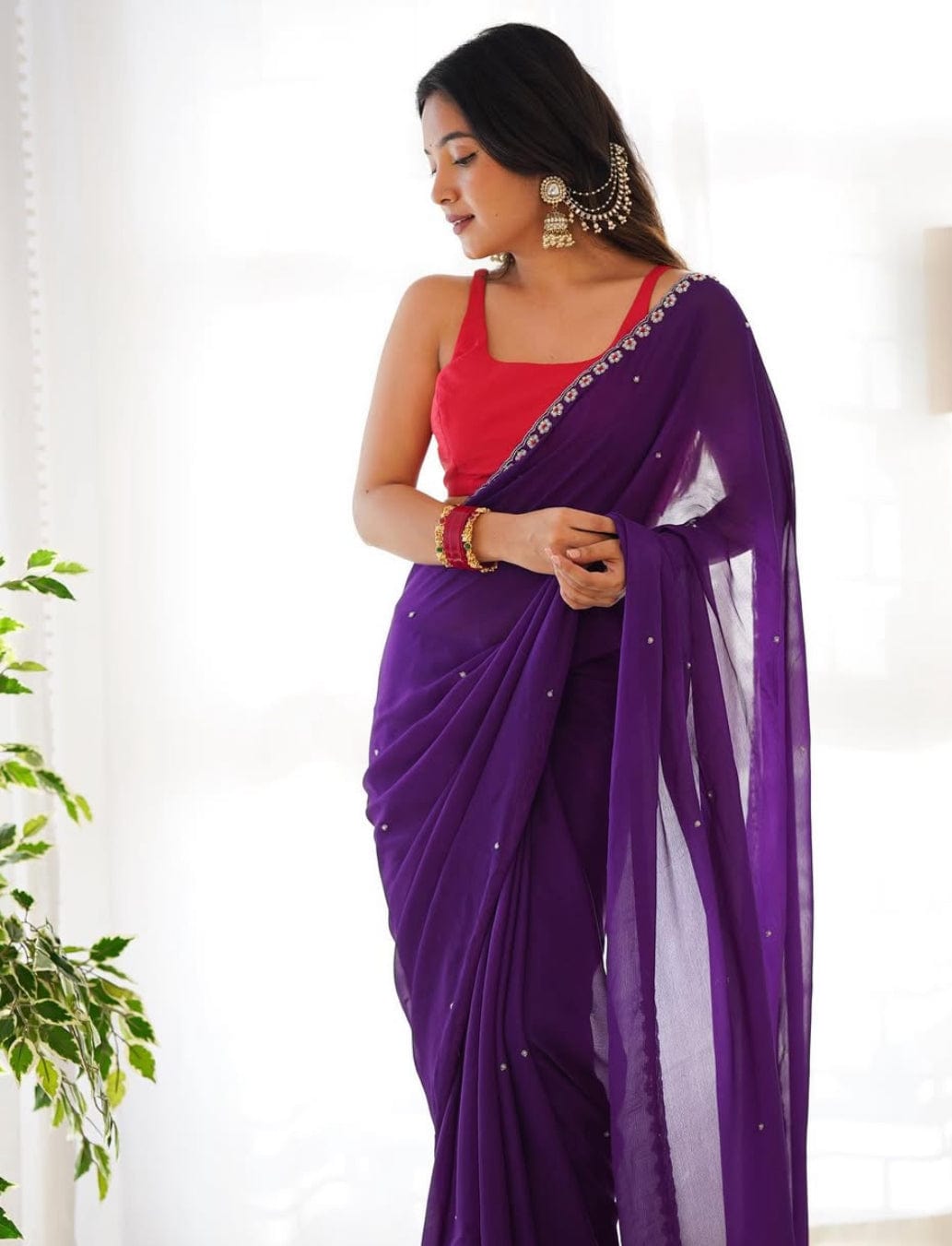 Arti - Purple Pure Georgette Saree  with Handwork.