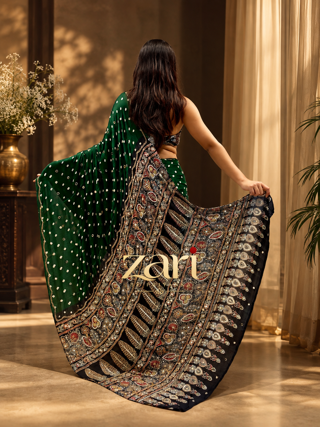 KALKI | Handcrafted Ajrakh Bandhej Couture Saree [Ready to dispatch]