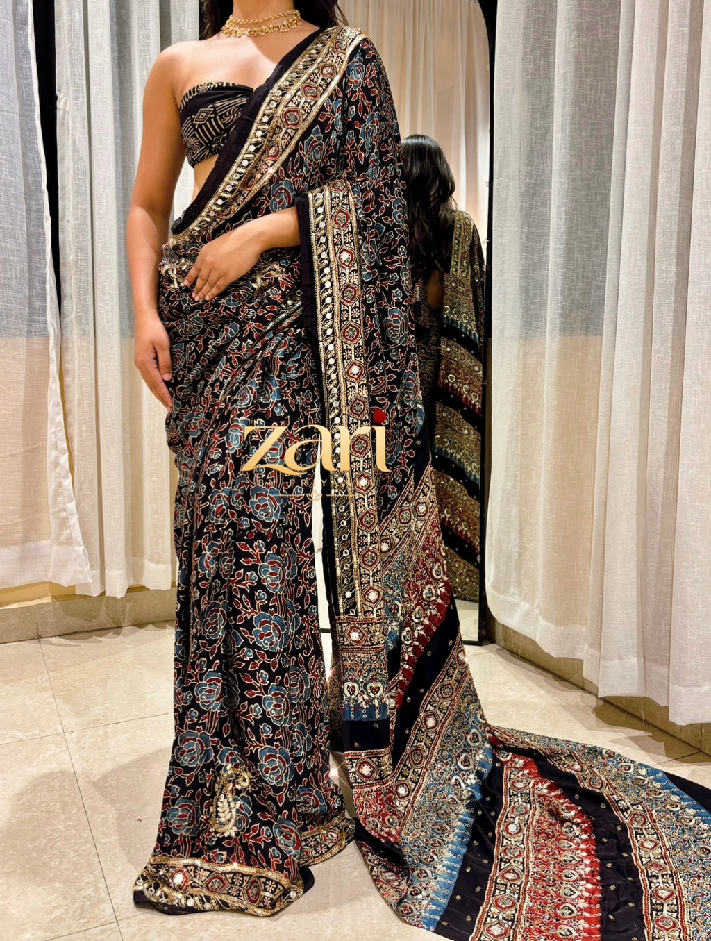Torani | Handcrafted Ajrakh Couture Saree [Ready to dispatch]