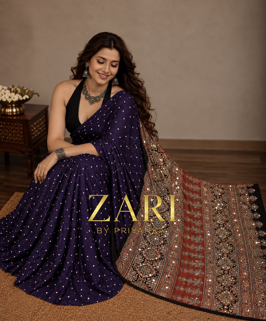 Kumkum | Purple Handcrafted Ajrakh Bandhej Couture Saree [Ready to dispatch]