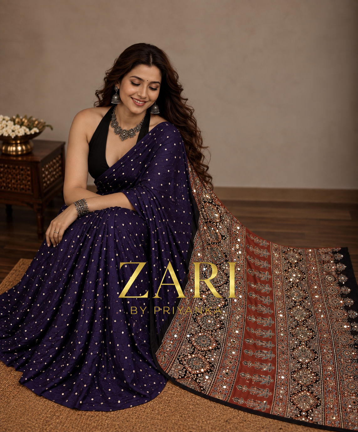 Kumkum | Handcrafted Ajrakh Bandhej Couture Saree [Ready to dispatch]