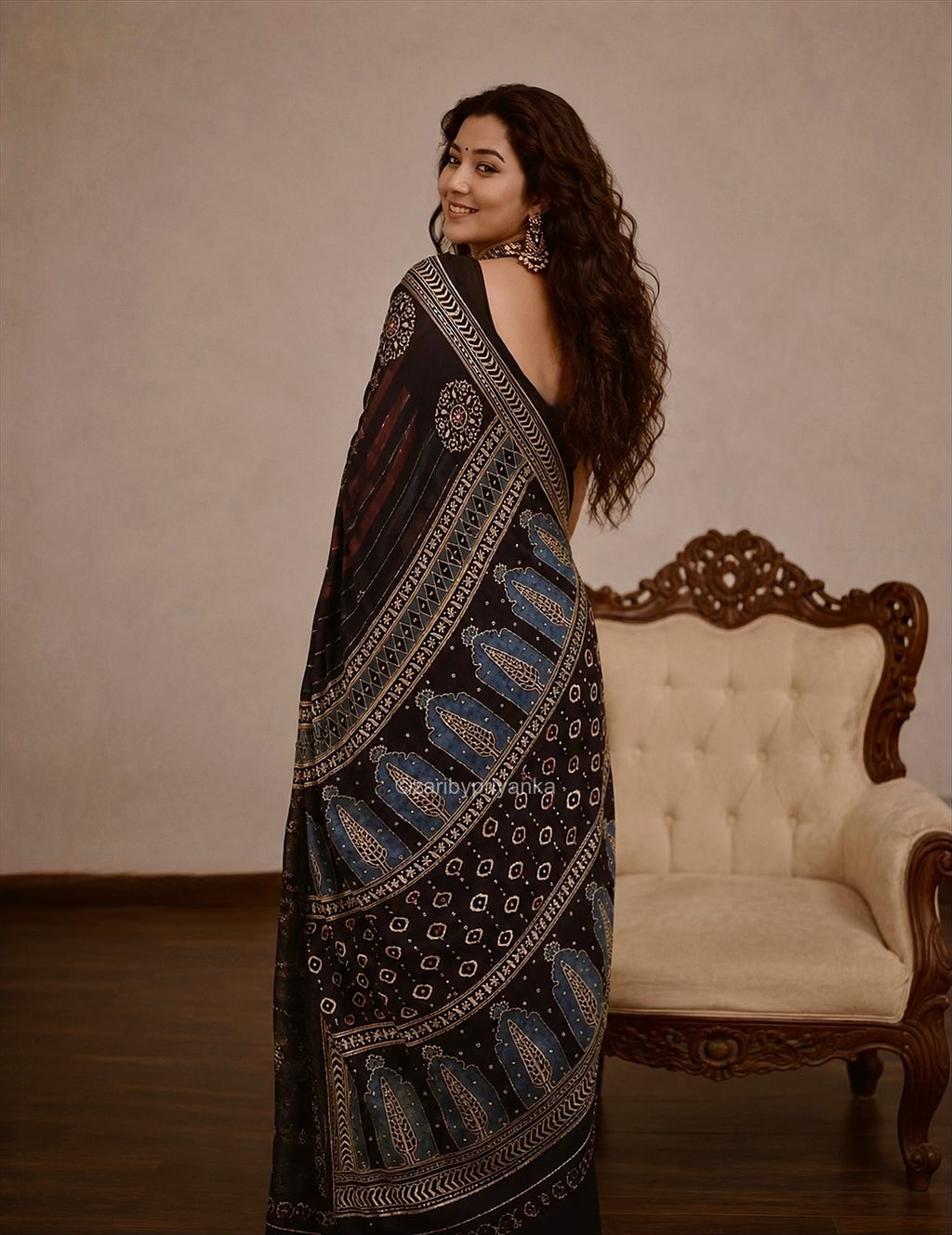 Mirra - Designer Ajrakh Handworked Saree