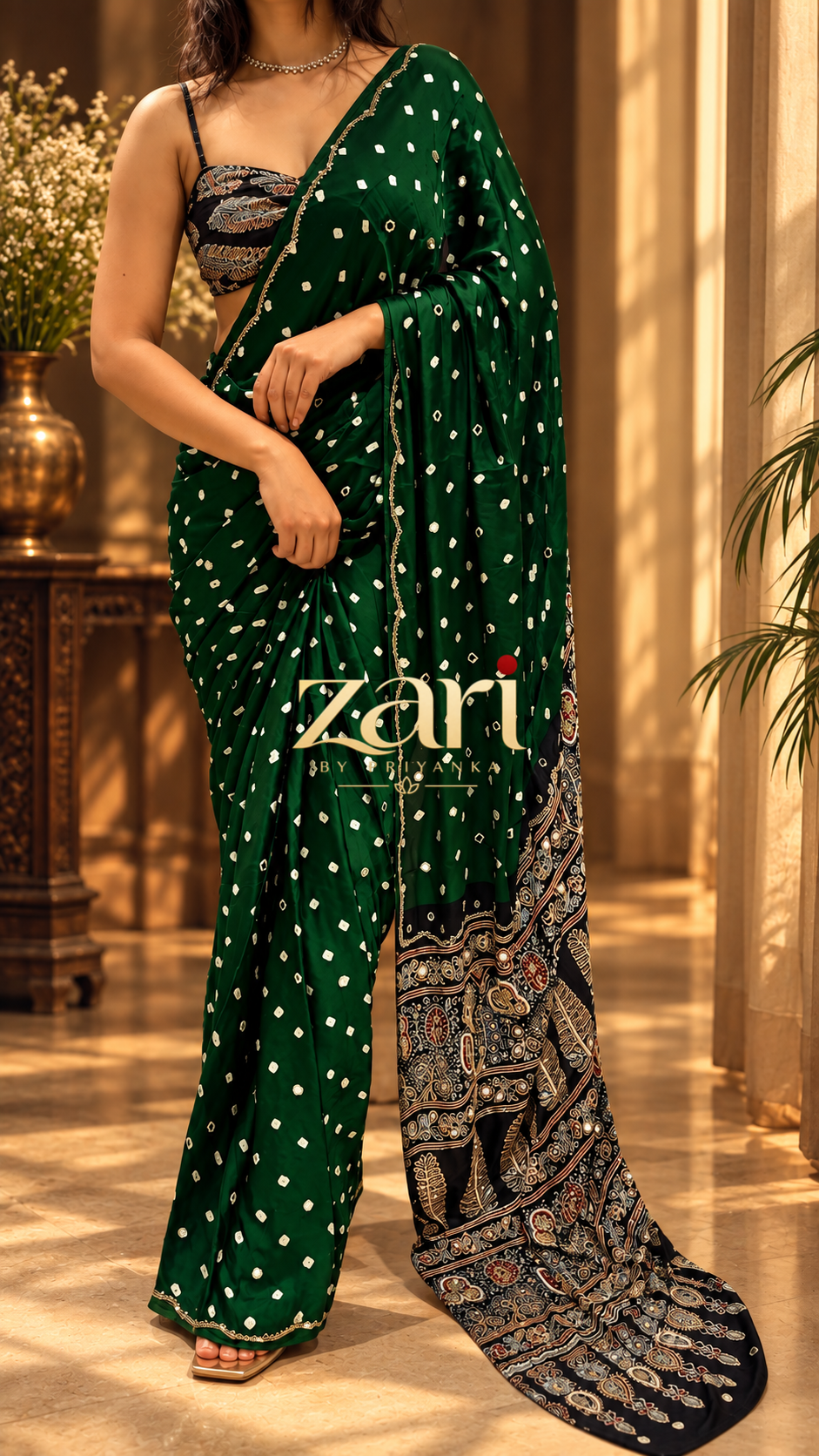 KALKI | Handcrafted Ajrakh Bandhej Couture Saree [Ready to dispatch]