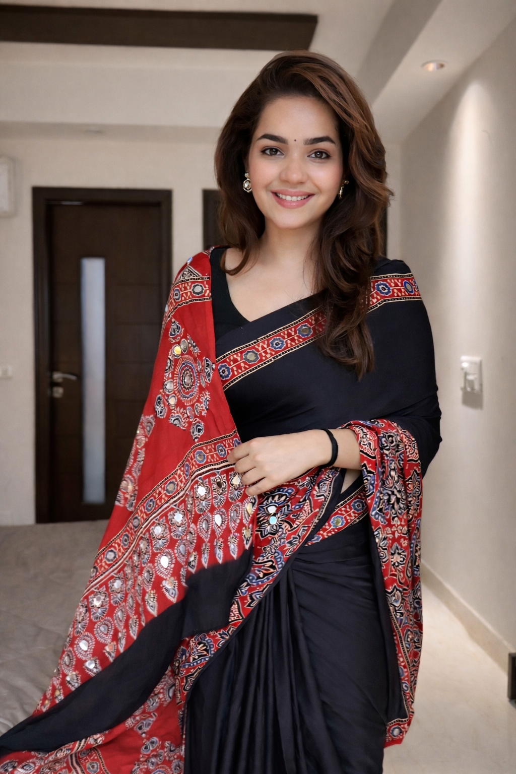 Trisha - Pure Modal Silk Ajrakh Mirror work saree