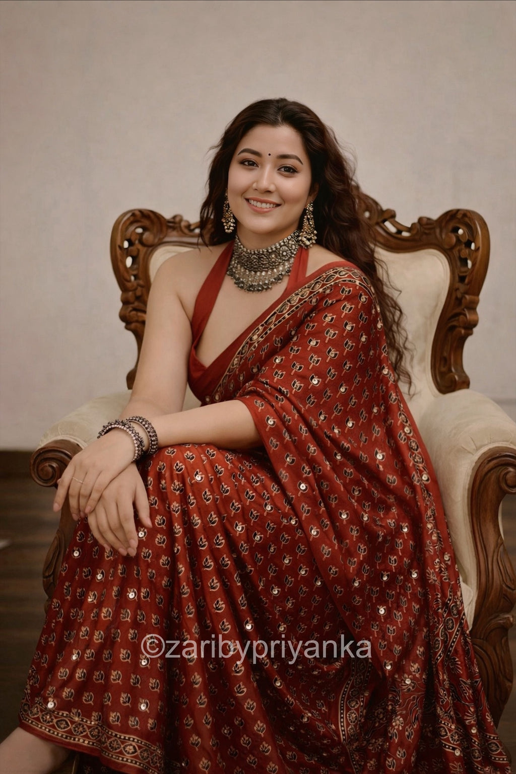 Tulsi -  Designer Pure Modal Ajrakh Mirror saree