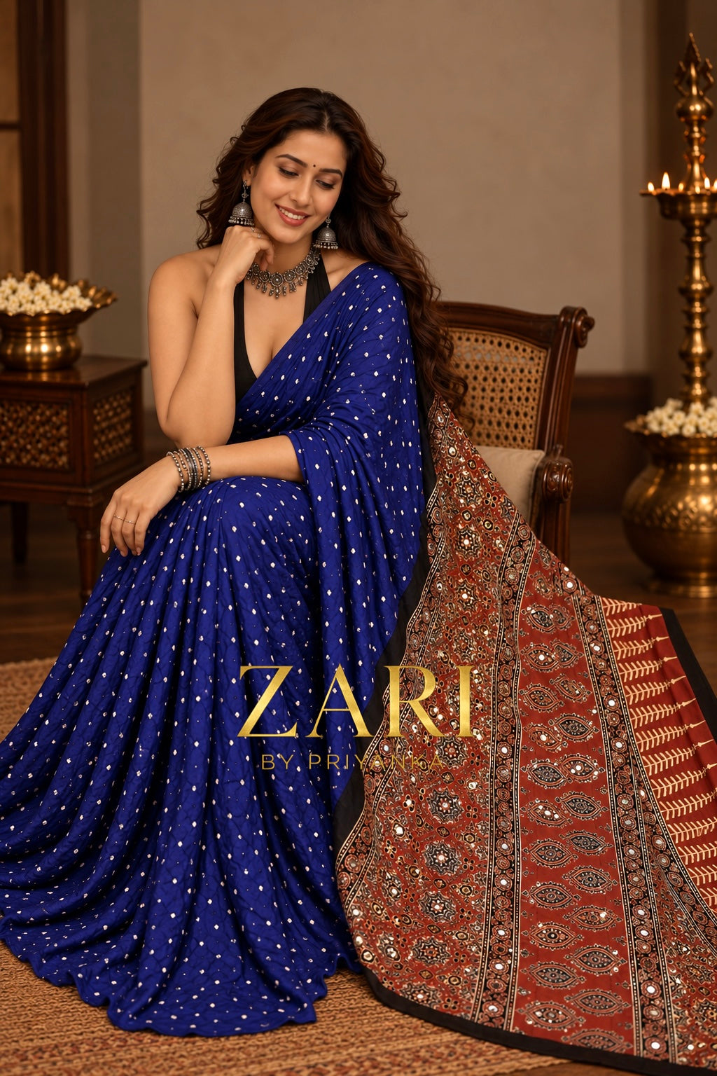Chanchal | Handcrafted Ajrakh Bandhej Couture Saree [Ready to dispatch]