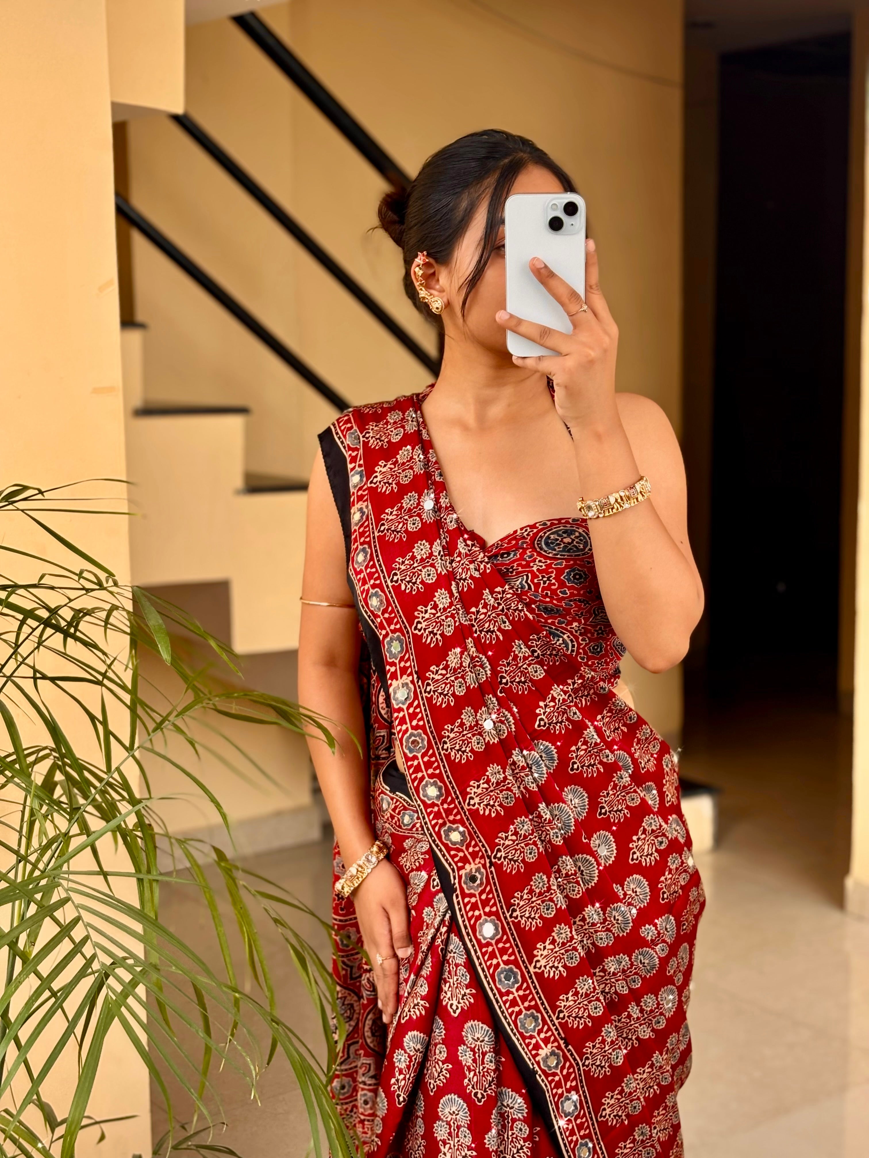 Minali - Pure Modal Ajrakh Mirror work saree