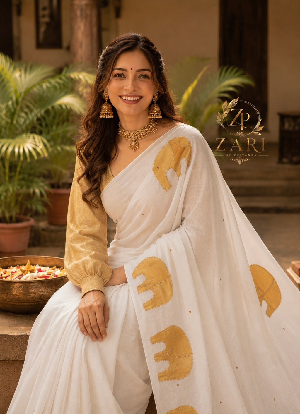 Malvika - Mul mul Cotton Saree embroidered elephant motifs