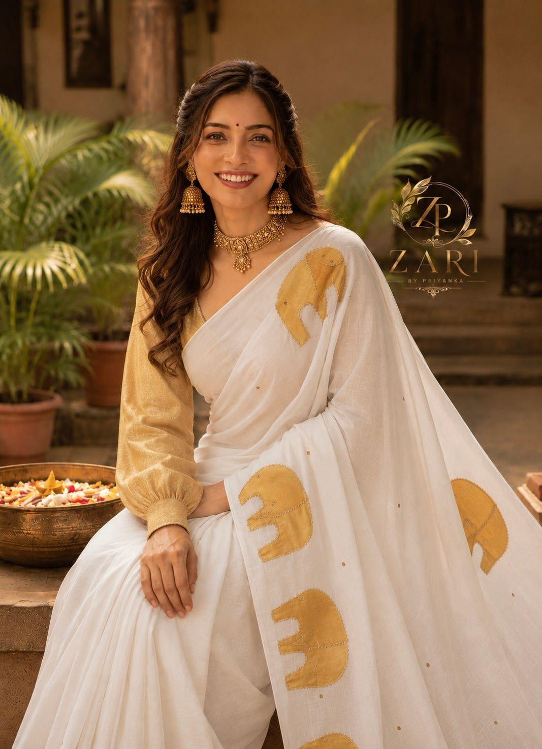 Malvika - Mul mul Cotton Saree embroidered elephant motifs