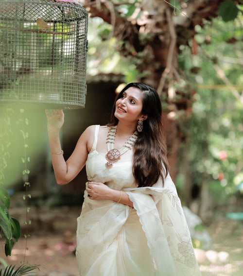 Anoosha - Organza saree with Silver floral thread embroidery