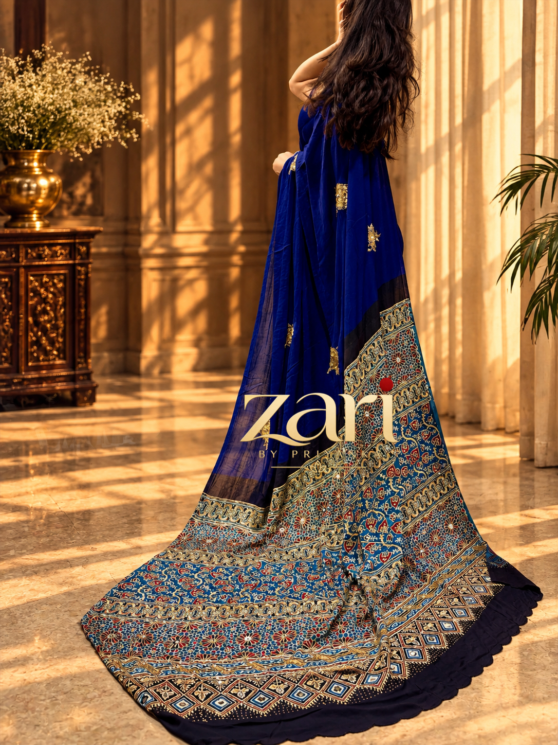 Menka | Handcrafted Ajrakh Couture Saree [Ready to Dispatch]