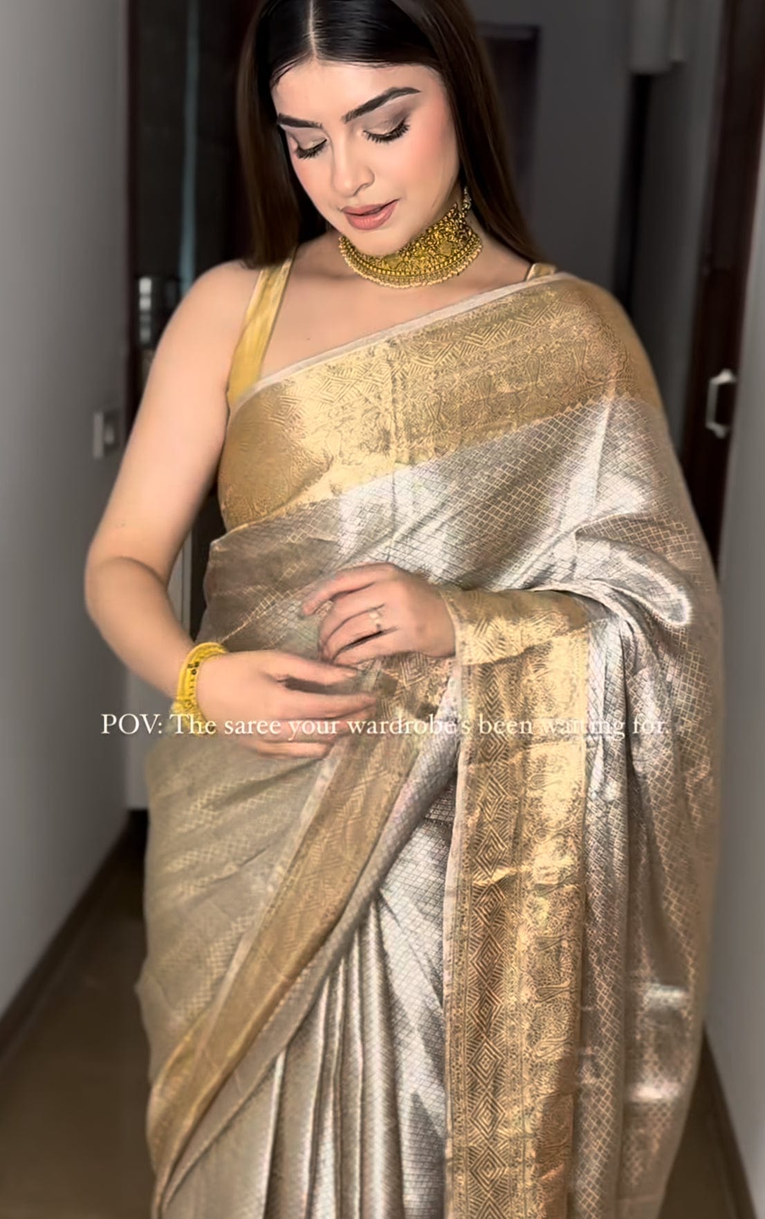 Atva - Regal Silver-Gold Pure Tissue Brocade saree