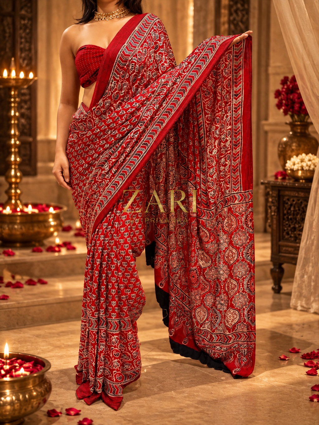 Nethra | Madder Red Handcrafted Ajrakh Couture Saree [Ready to dispatch]