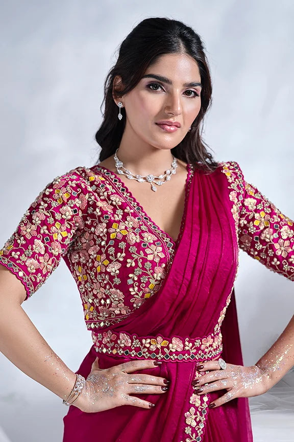 Juma - Ready-to-Wear Satin Crepe Saree with Adorned Pearl Embellishment