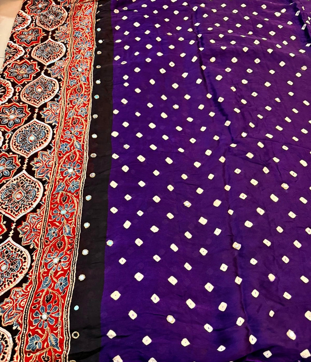 Kumkum | Purple Handcrafted Ajrakh Bandhej Couture Saree [Ready to dispatch]