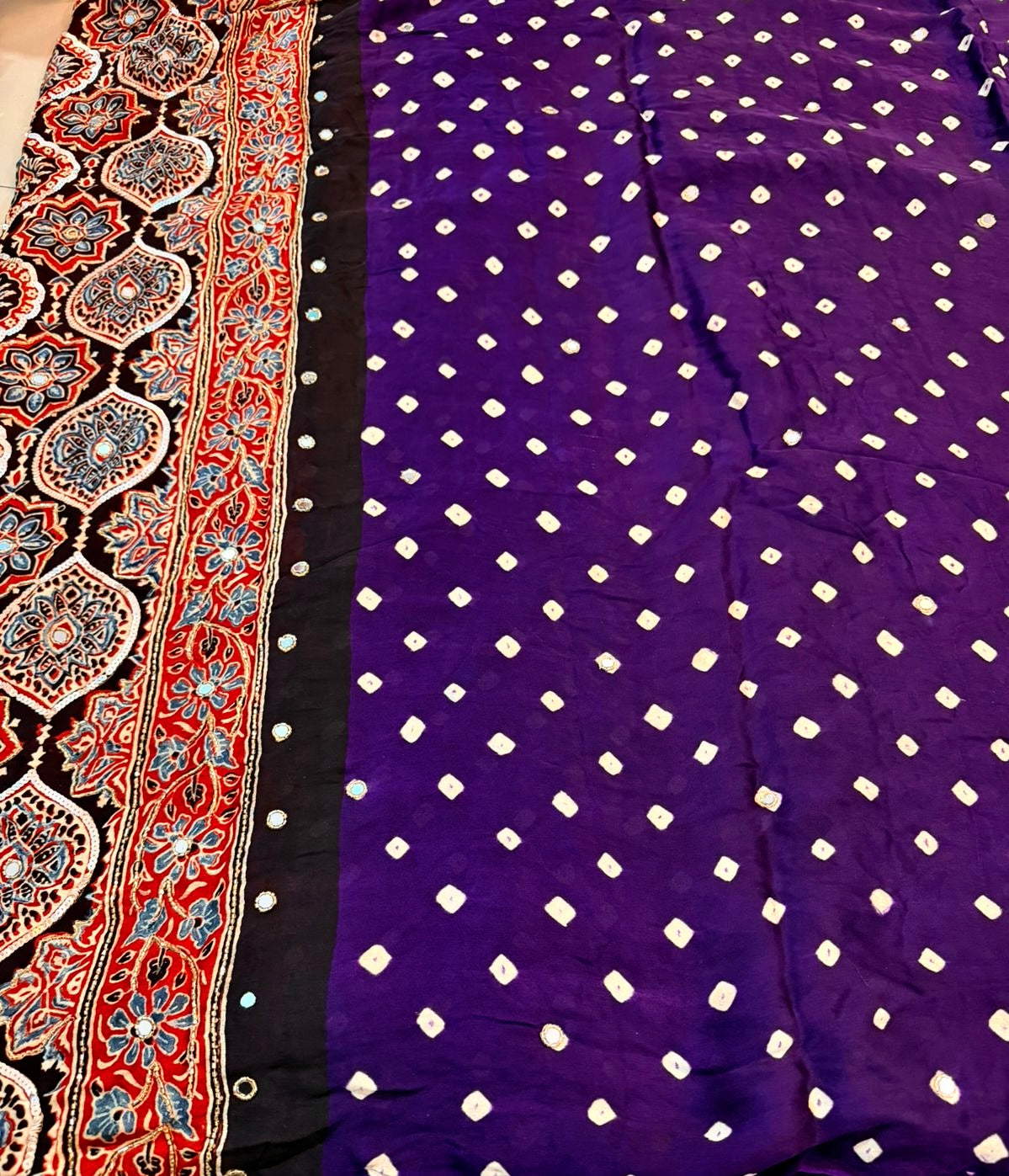 Kumkum | Handcrafted Ajrakh Bandhej Couture Saree [Ready to dispatch]