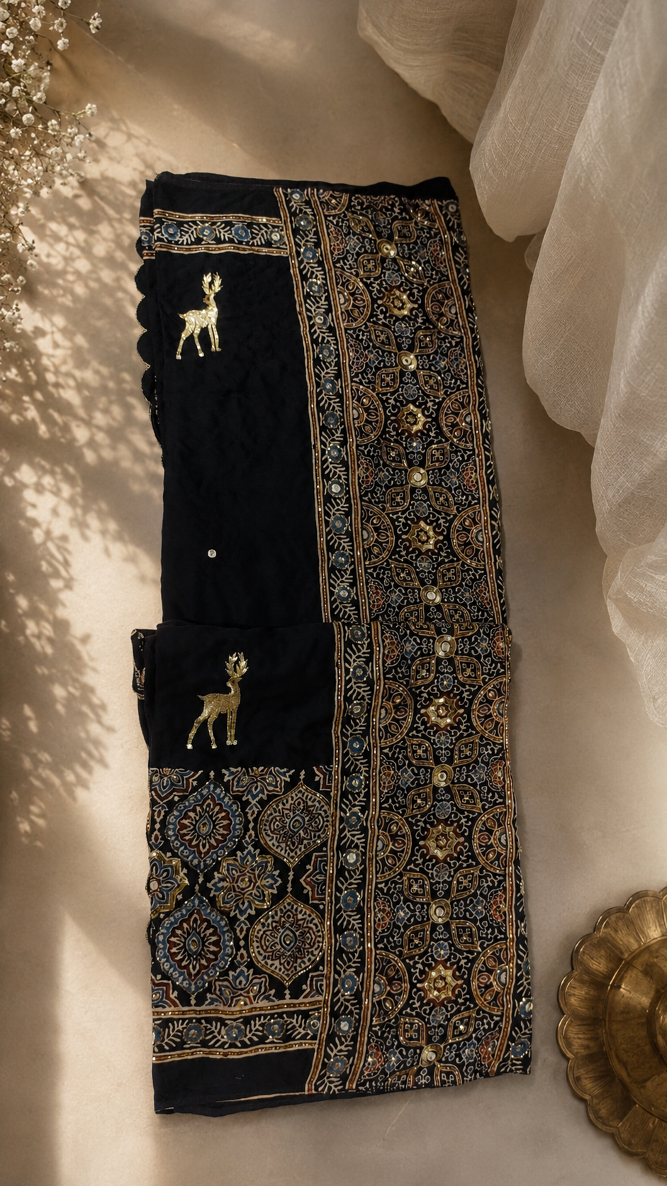 Naina | Handcrafted Ajrakh Couture Saree [Ready to Dispatch]